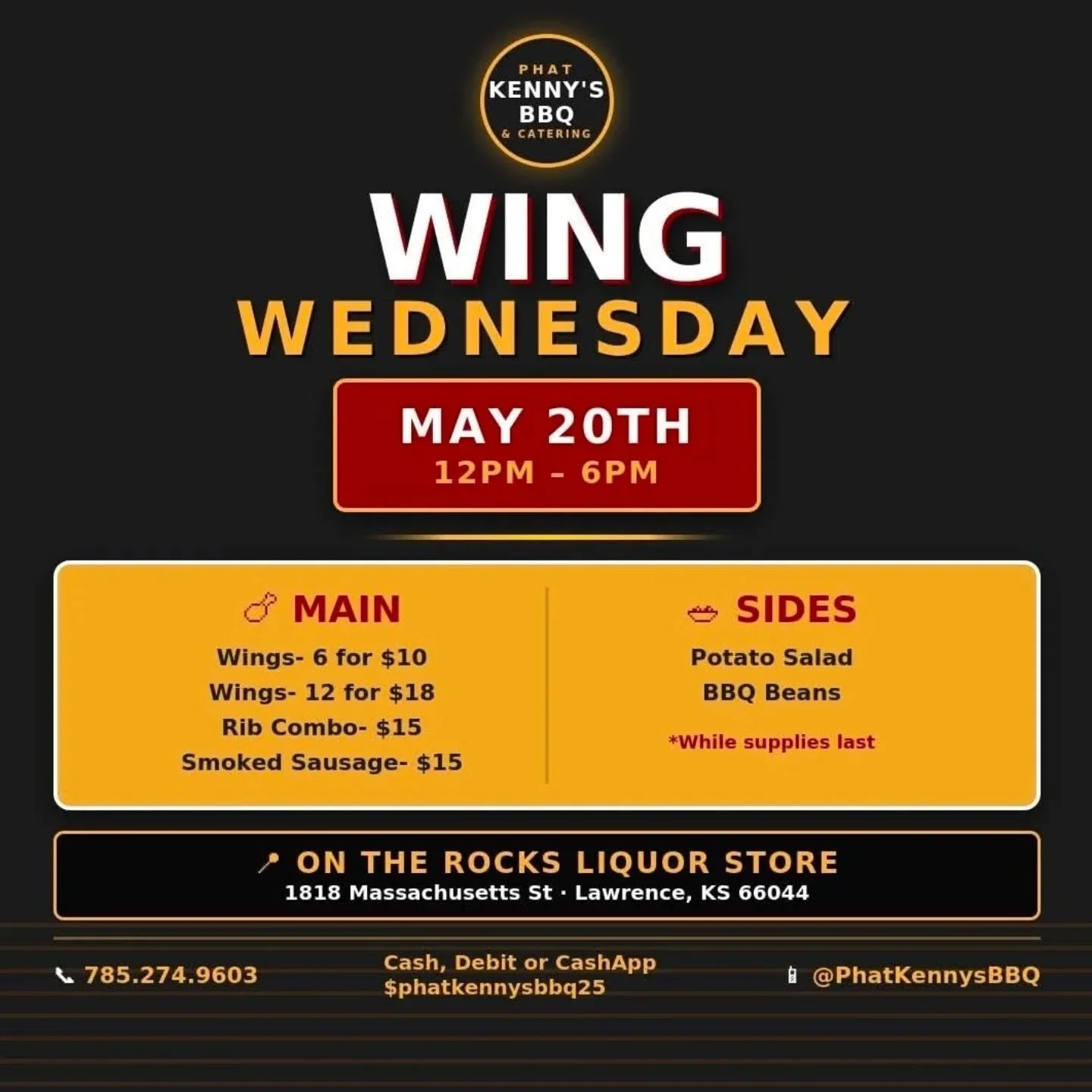 @phatkennysbbq is set up &amp; selling you #wings for lunch &amp; dinner from noon-6pm today (but let's be honest &ndash; he'll probably sell out before then because the #BBQ is just that good). #ontherocksliquor #lawrenceks