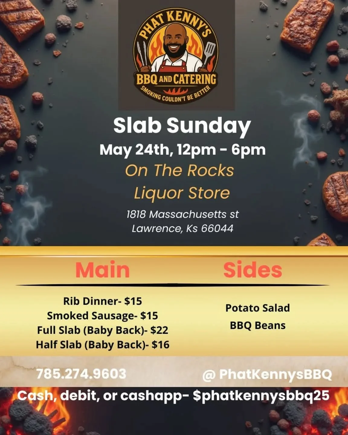 @phatkennysbbq brings Slab Sunday to the OTR parking lot yet again! Why deal with the grill when you can let Kenny feed you? Swing in, grab dinner &amp; drinks, &amp; enjoy the #memorialday weekend the easy way. #BBQ #ontherocksliquor #lawrenceks