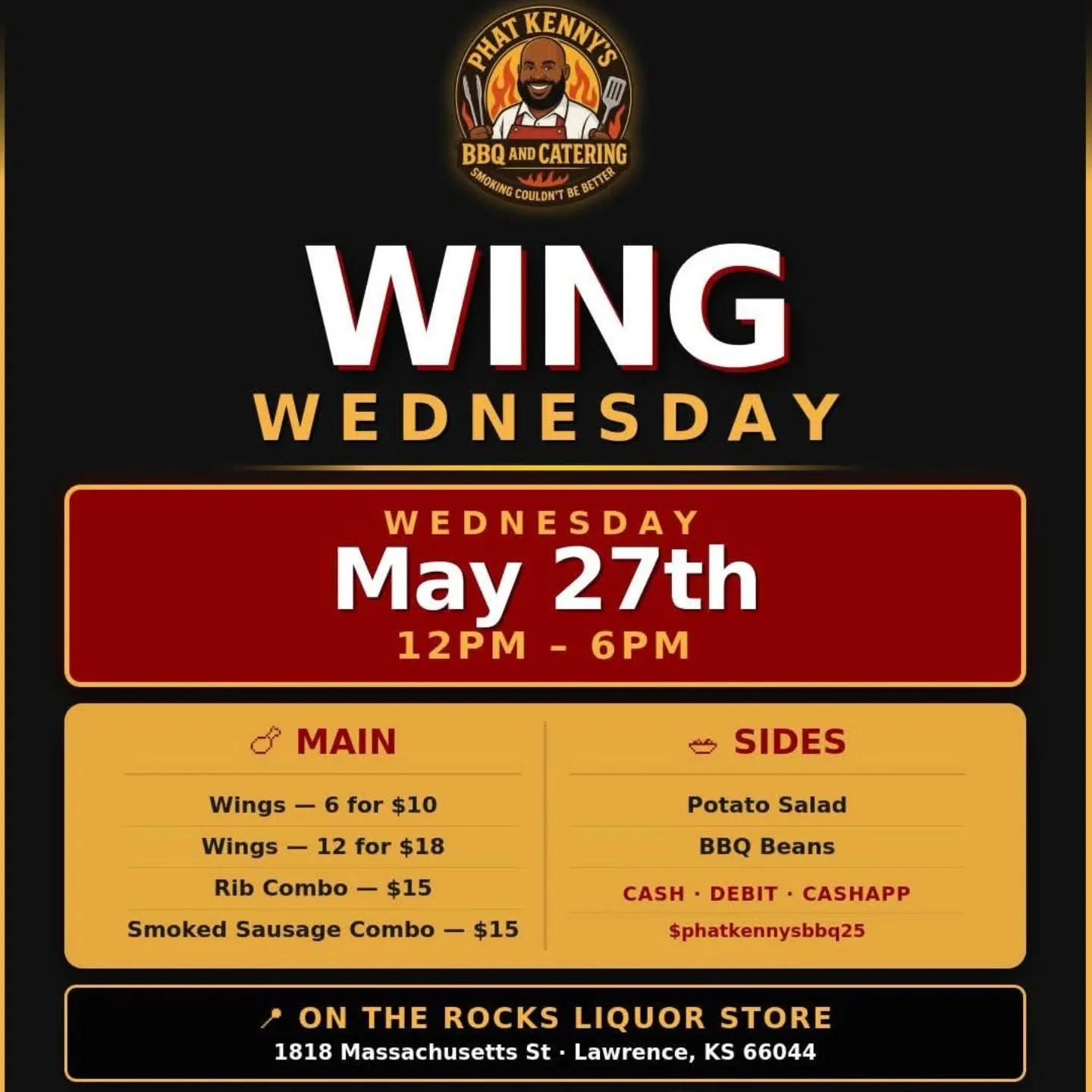 Every Wednesday from noon-6pm, @phatkennysbbq brings wings to the OTR parking lot. We'll see you for lunch and/or dinner &amp; drinks. #ontherocksliquor #lawrenceks #bbq