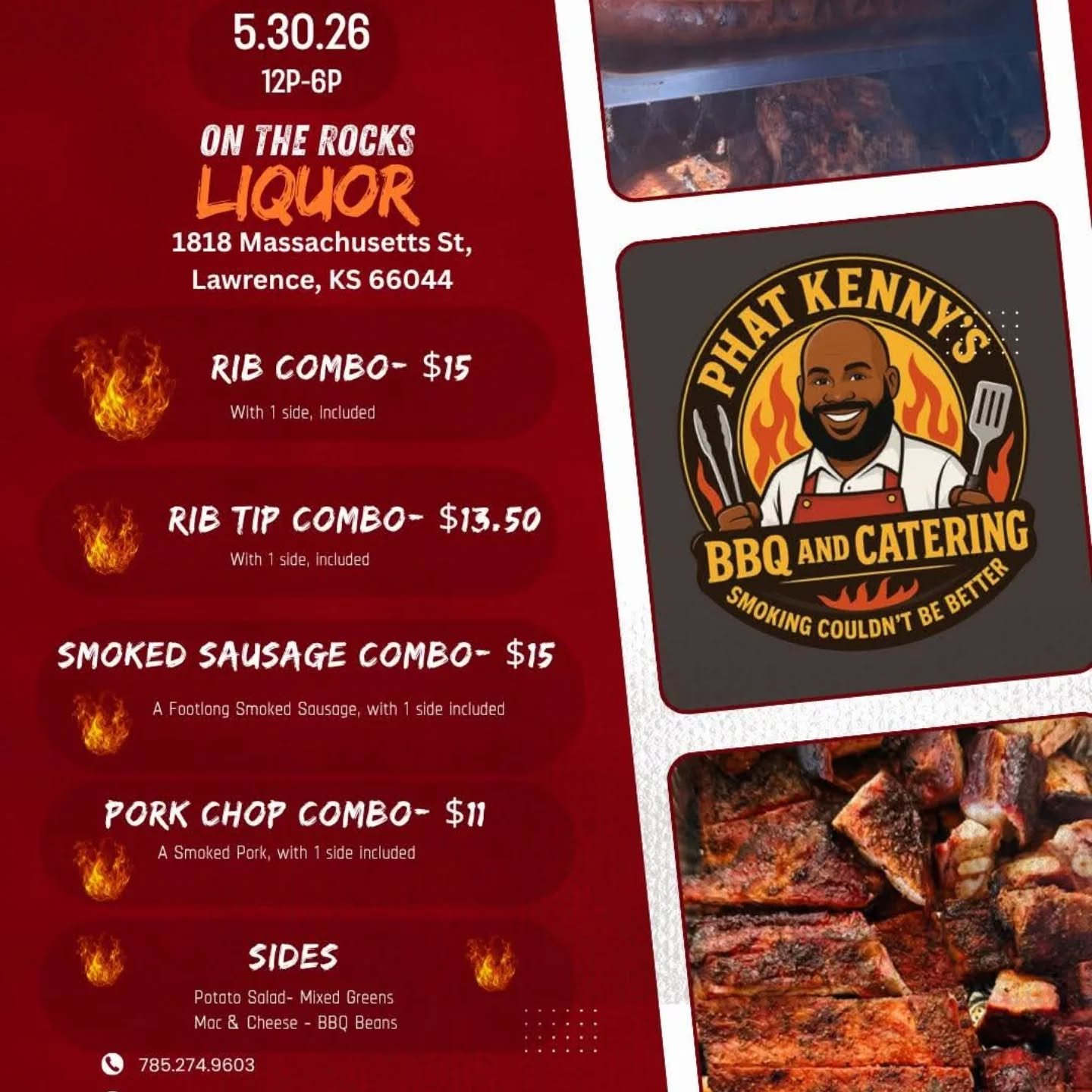 We have @phatkennysbbq slinging ribs, pork chops, wings &amp; things until 6pm today. If you're in town for #kubaseball, come through for a tasty lunch or dinner before the game. #BBQ #ontherocksliquor #lawrenceks