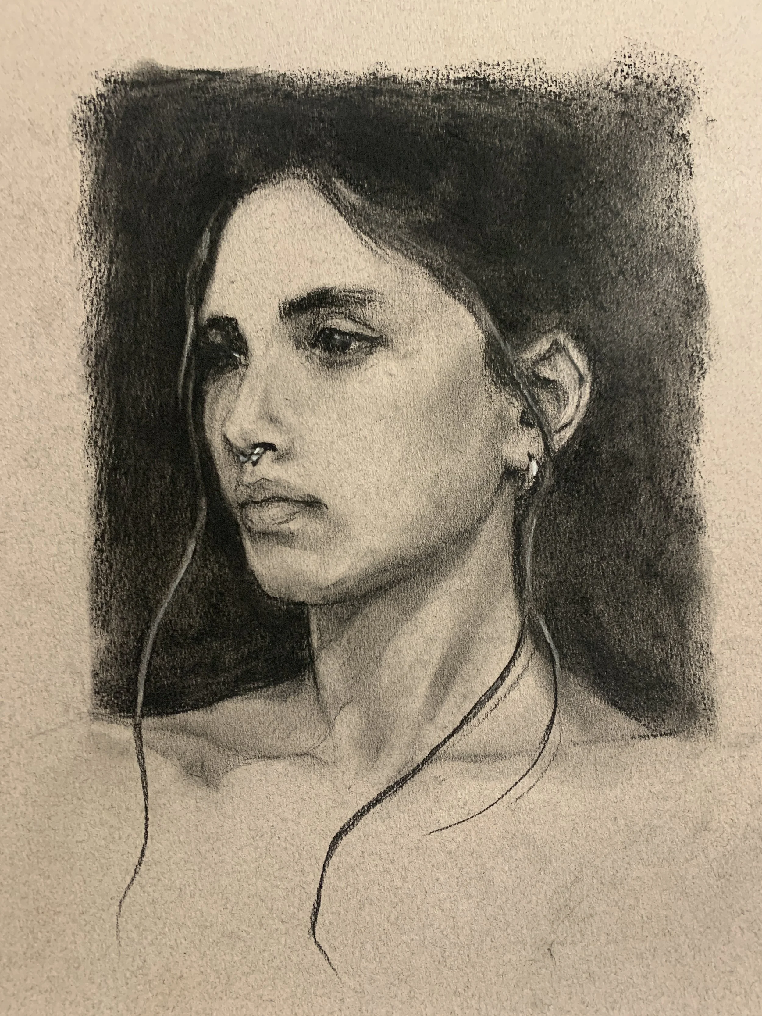 PORTRAIT OF SOFIA, charcoal on paper, 2023, 12" x 16"