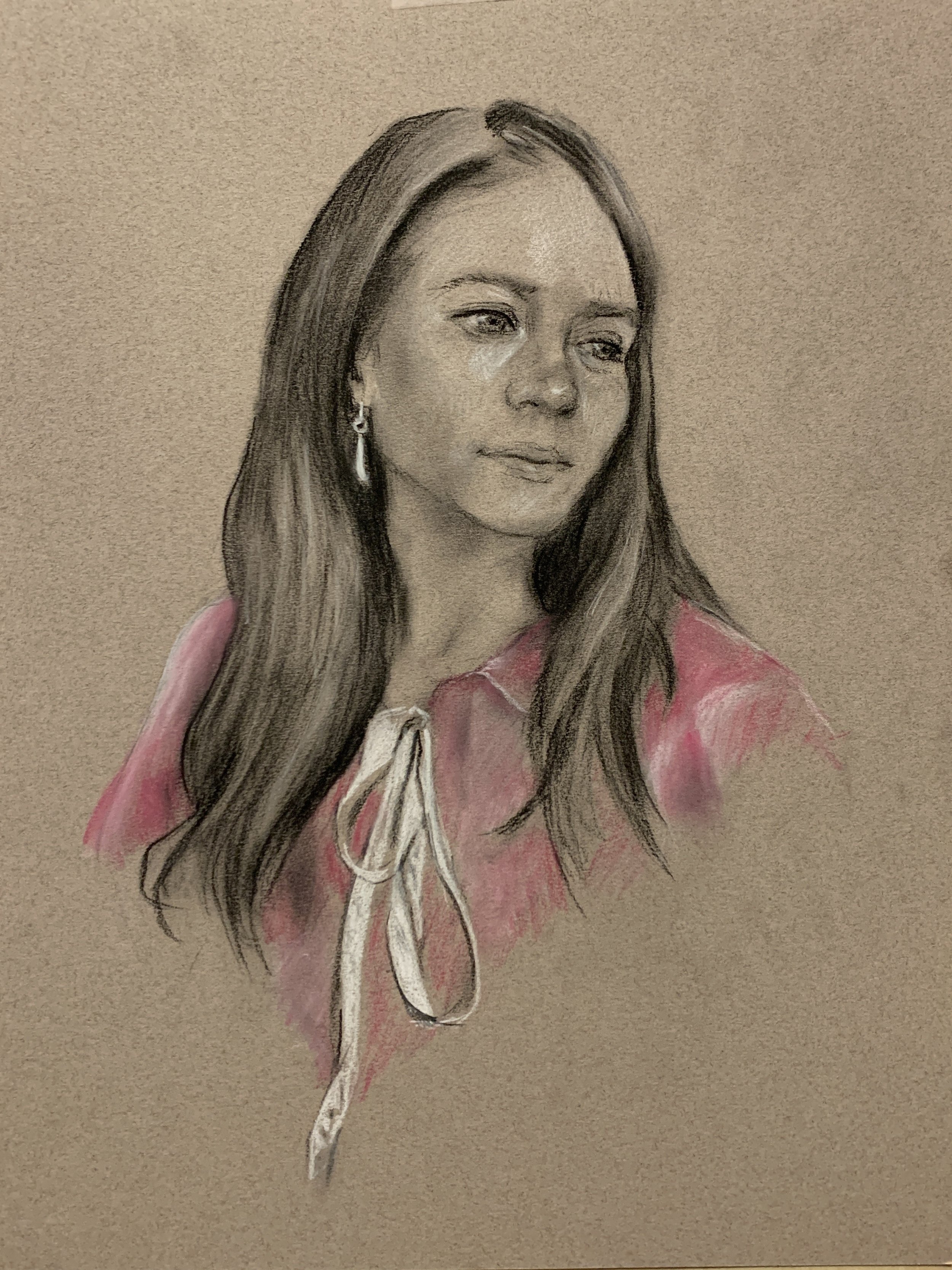 EYRA IN PINK BLOUSE, Charcoal and pastel on paper, 2024