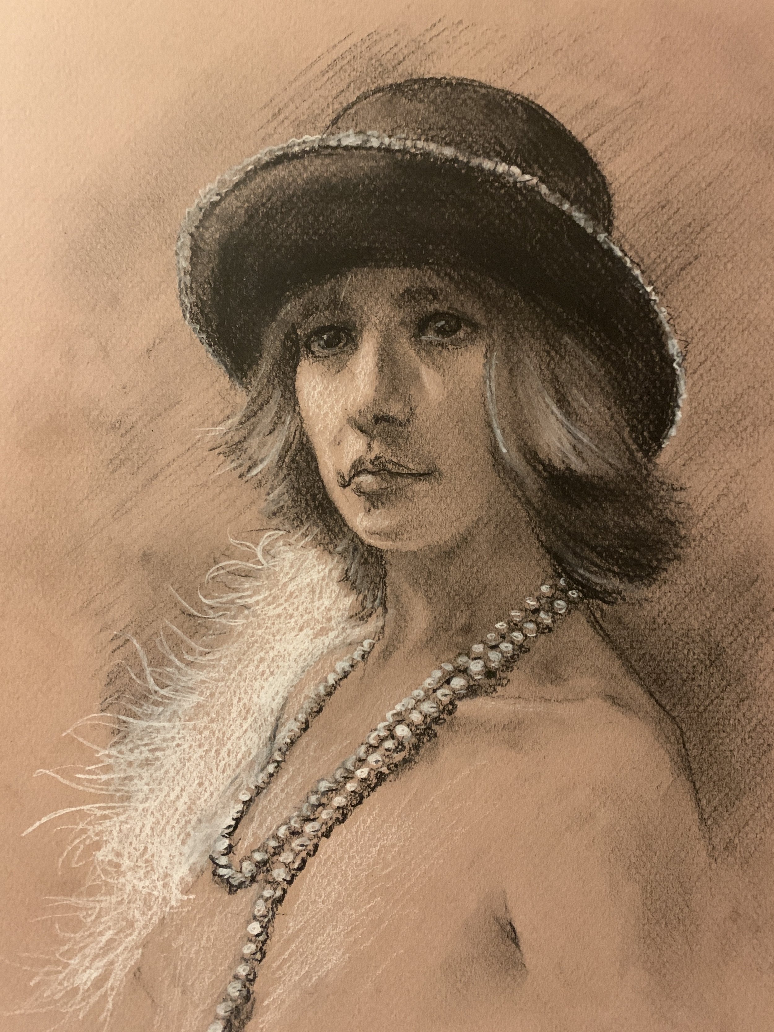 HARLE IN HAT AND PEARLS, Charcoal and Pastel on Paper, 2023