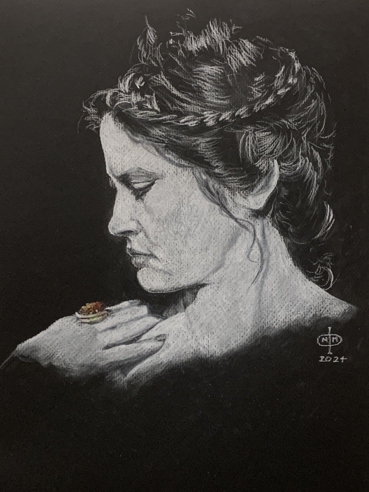 MICHELLE WITH RING, Pastel on Black Paper, 2024