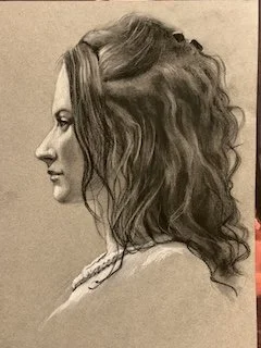 SPHINX, charcoal and pastel on paper, 2023, 12" x 16".