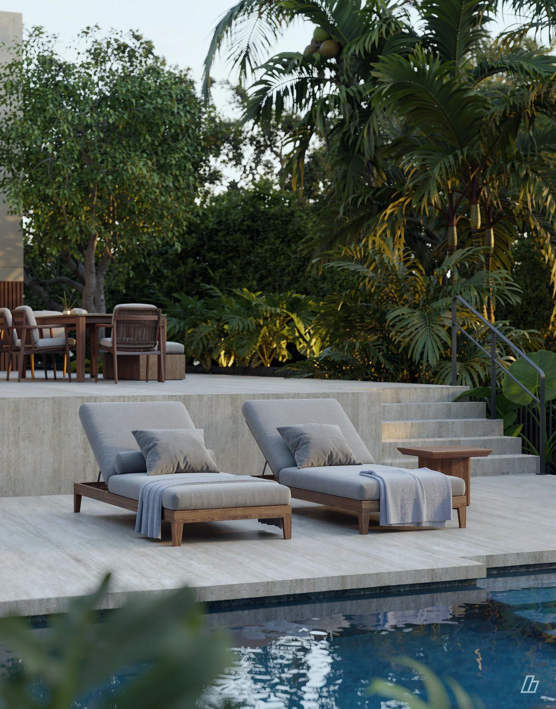 Loungers on the pool deck below the dining terrace
