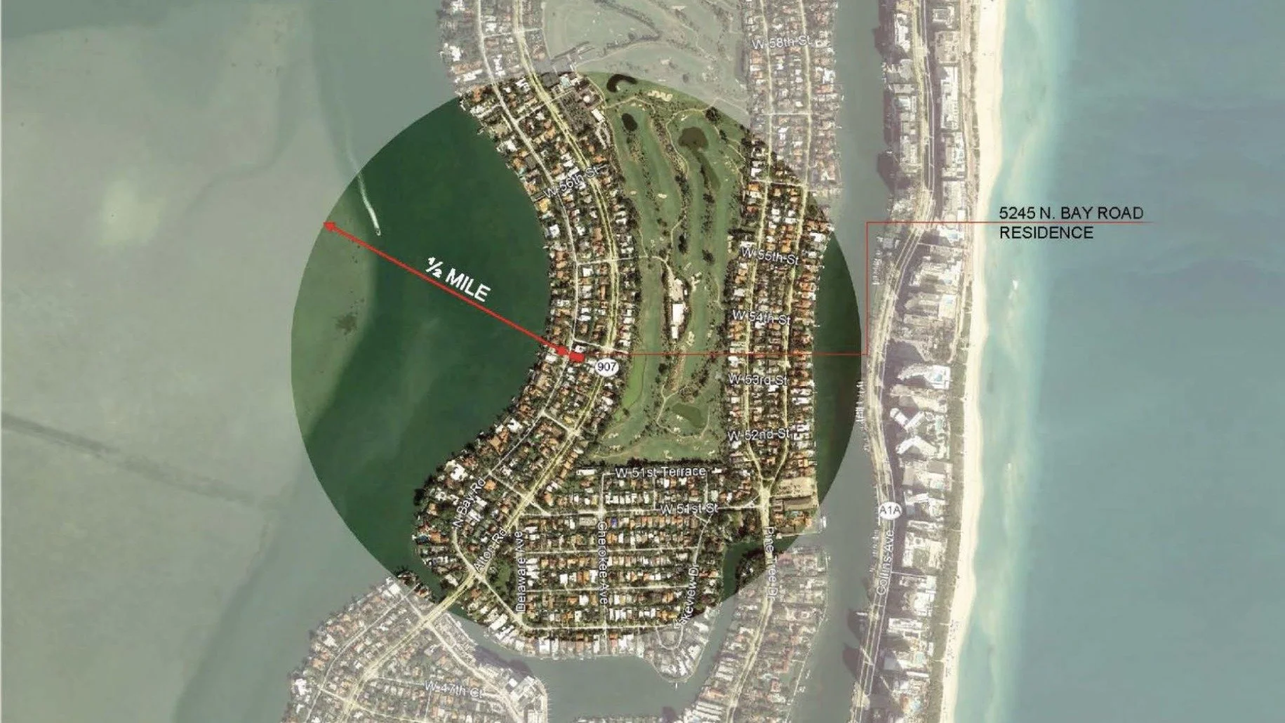 Aerial view locating 5245 North Bay Road on Miami Beach