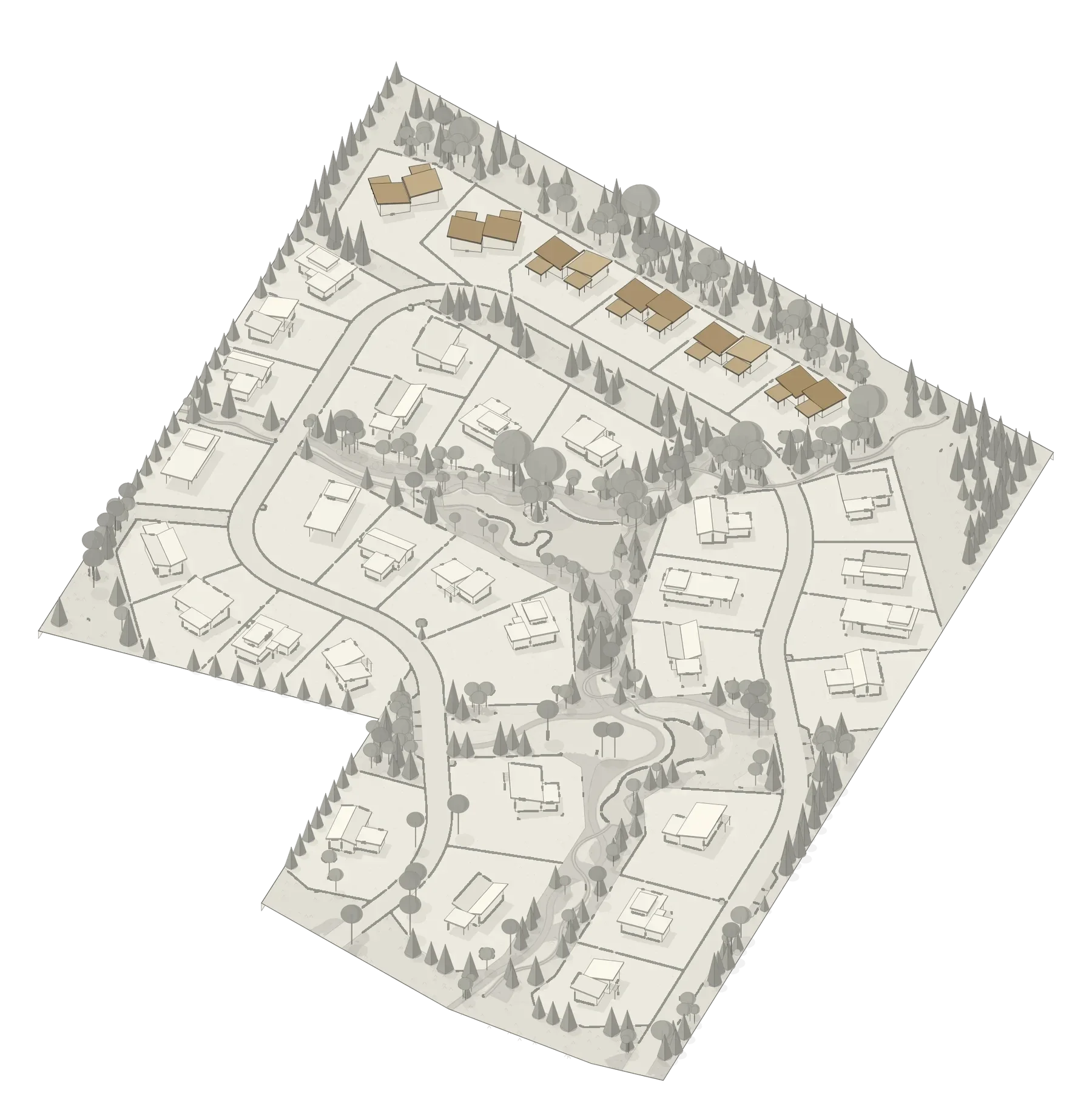 Site plan with the six duplexes highlighted