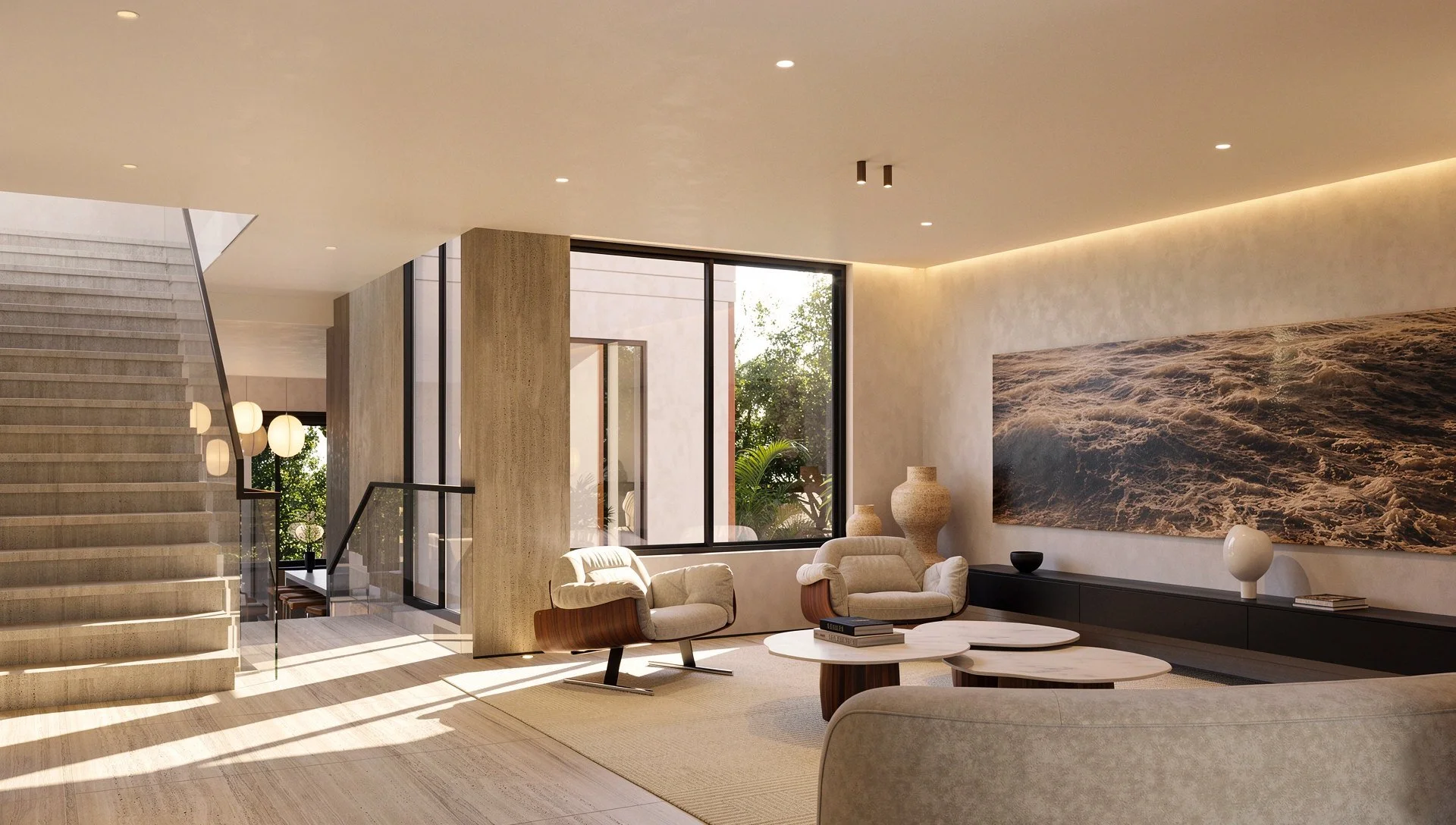 Family room on the split level, beside the stair