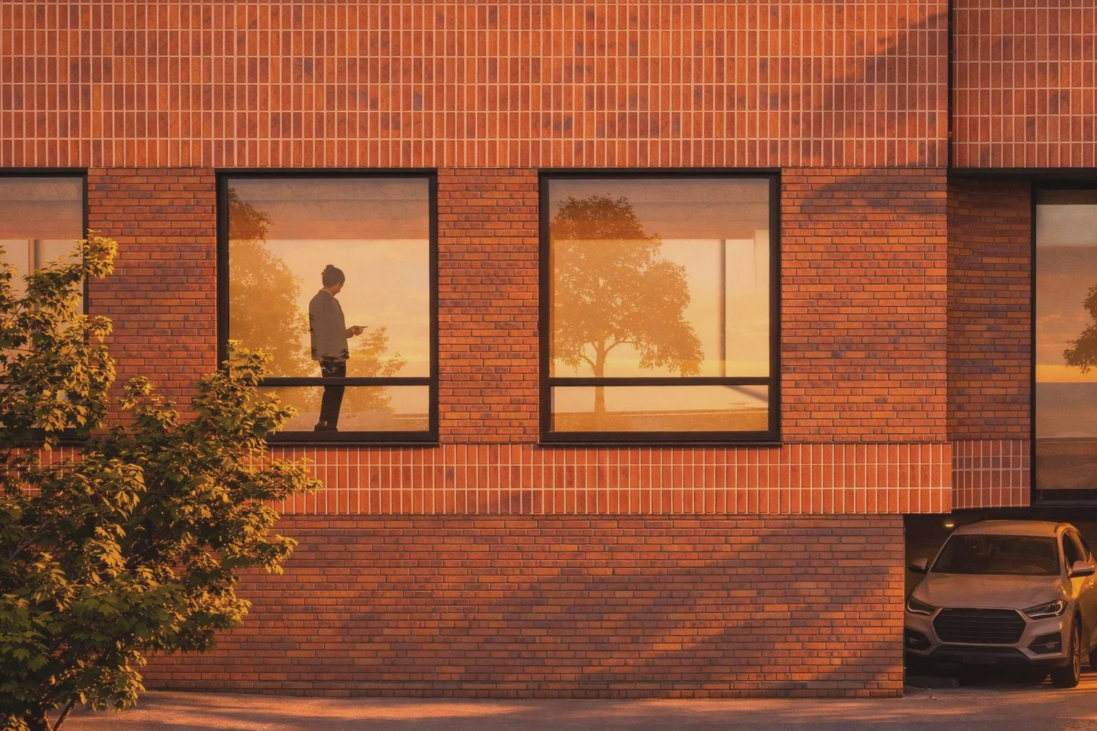 Brick facade with large windows