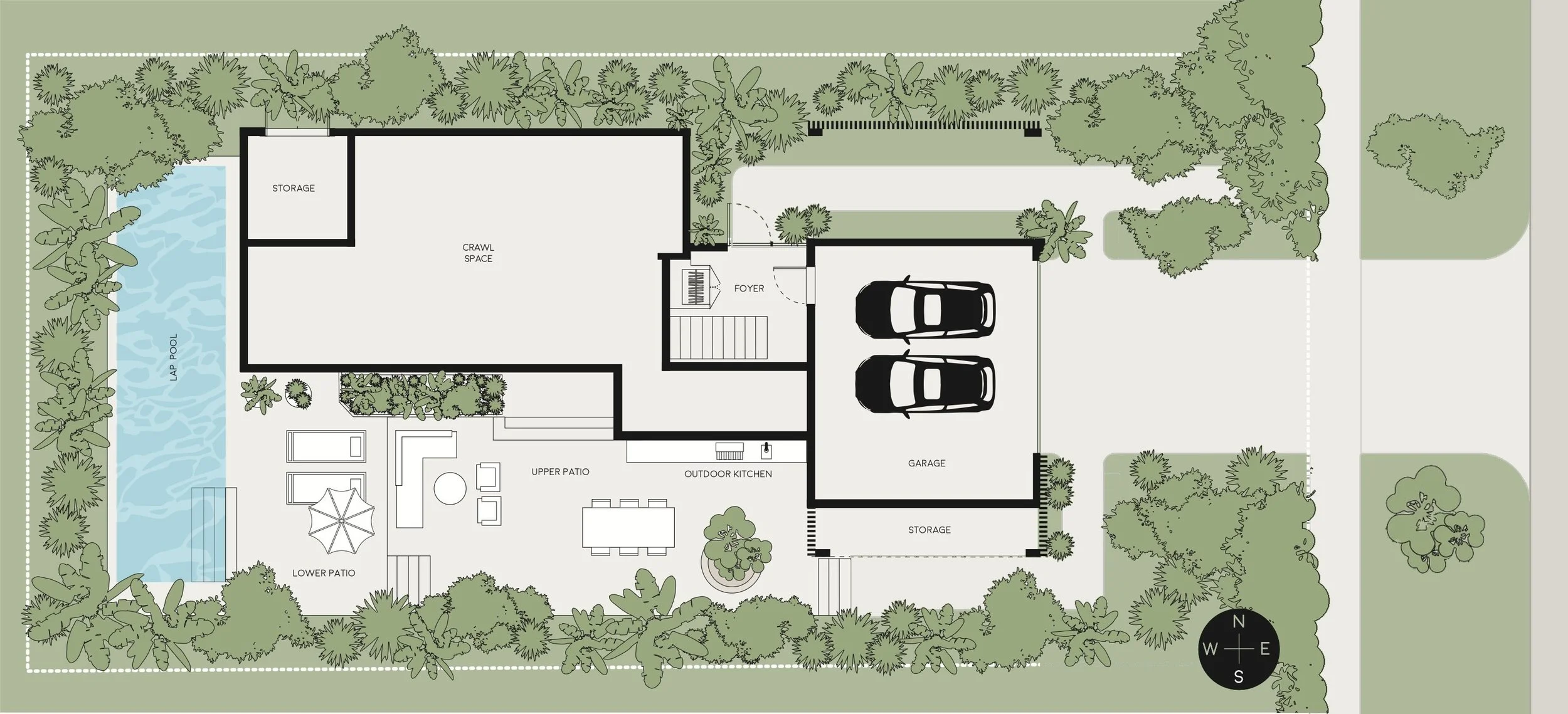 Site plan with the garage, terraces and lap pool