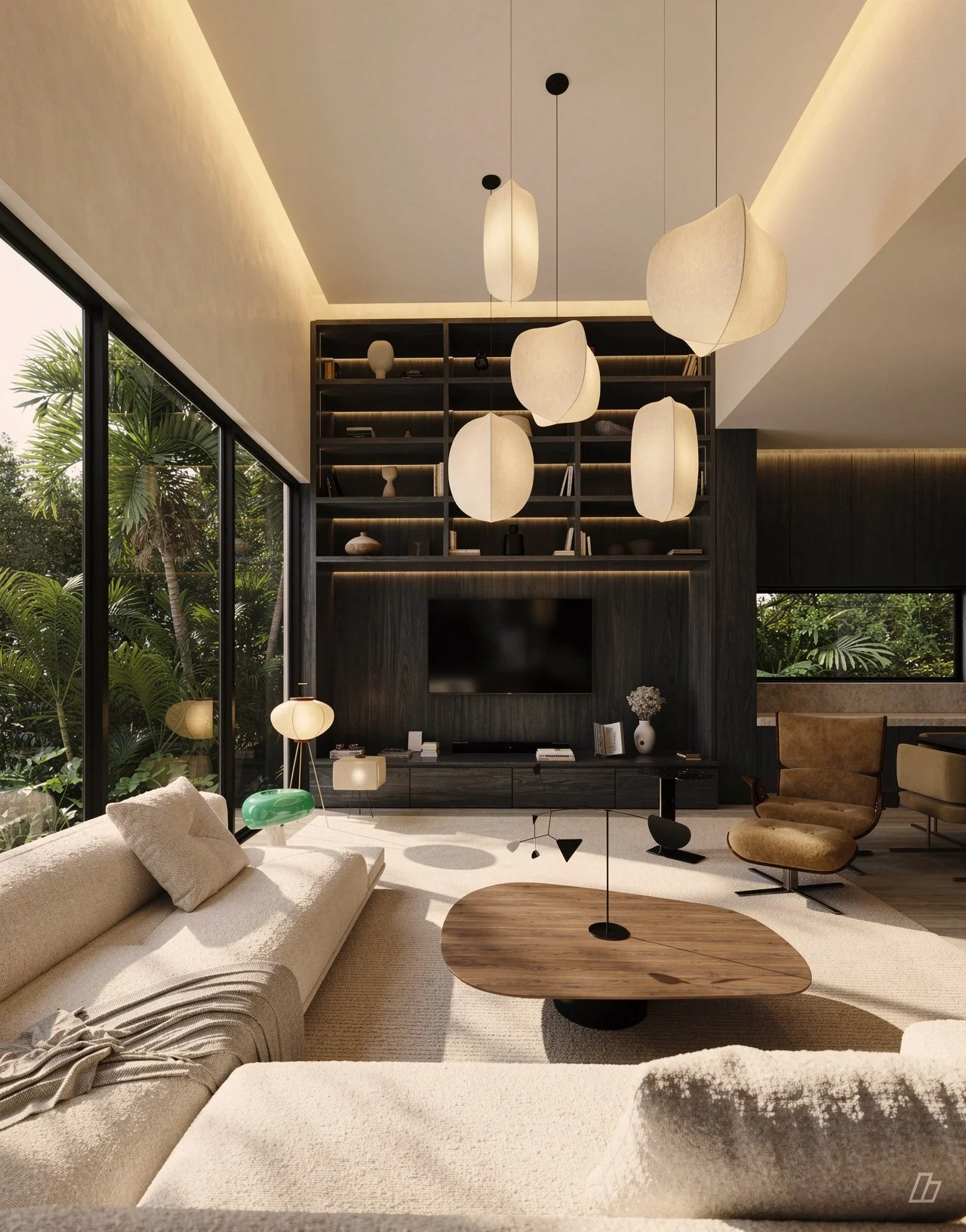 Double-height living room with paper lanterns and a walnut millwork wall