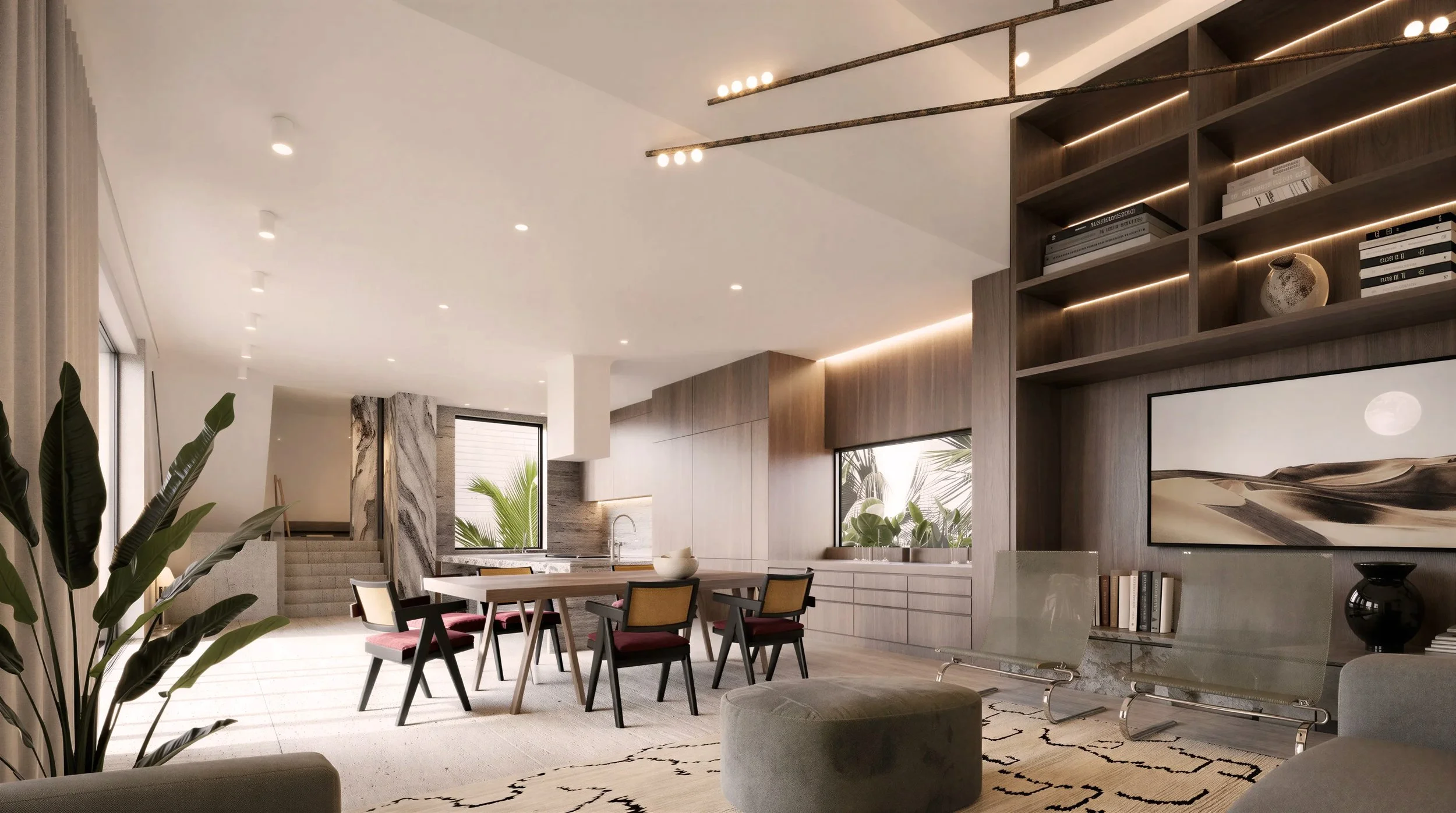 Double-height great room with walnut millwork