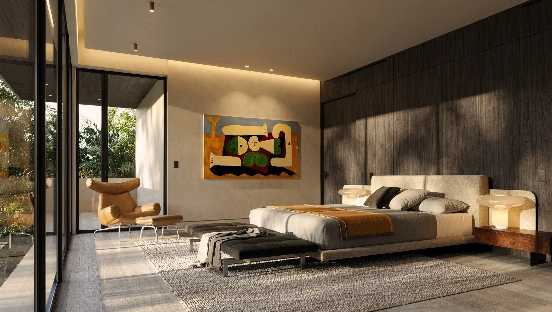 Primary bedroom with walnut millwork and a balcony