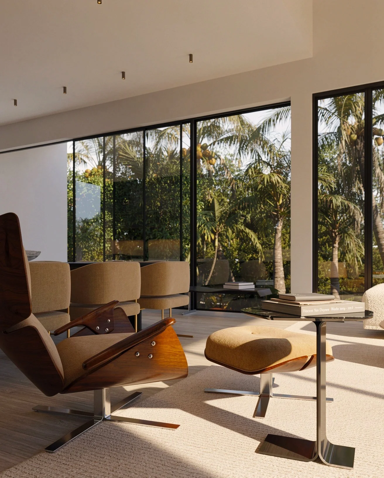 Lounge chair and ottoman by the garden windows