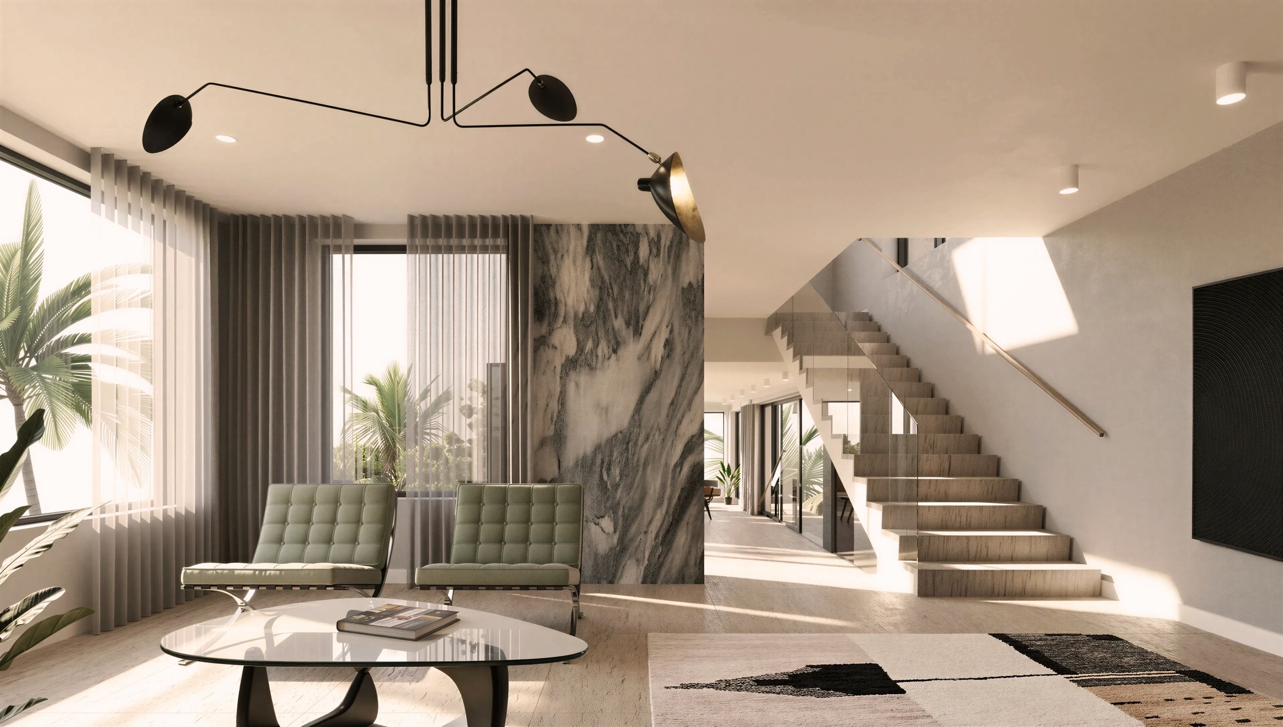 Stair and stone wall beside the family room