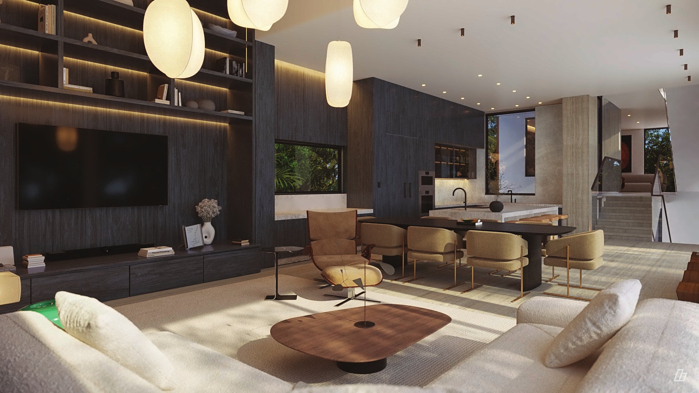 Living room with a millwork wall, looking through to the dining room, kitchen and stair