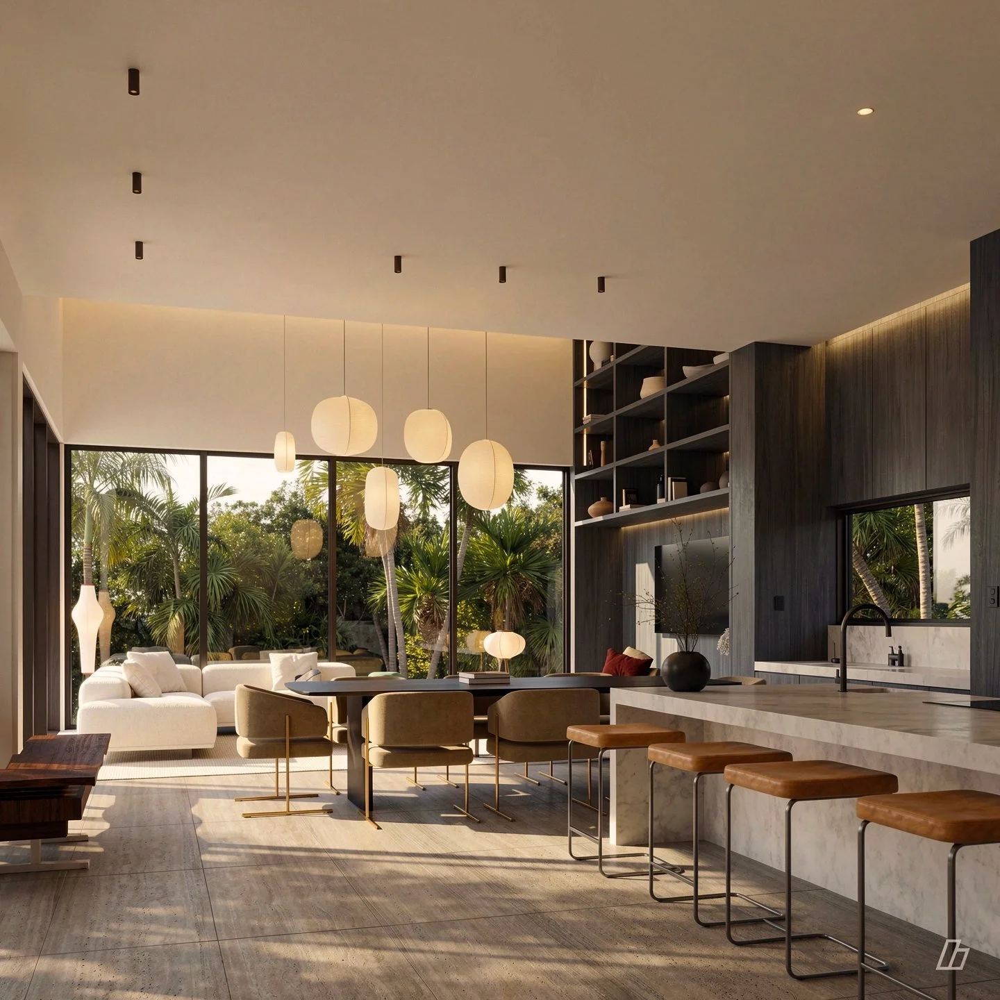 Kitchen, dining and living rooms opening to the garden