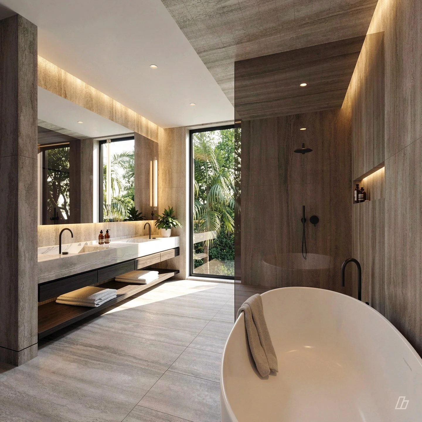 Primary bath in travertine with a freestanding tub