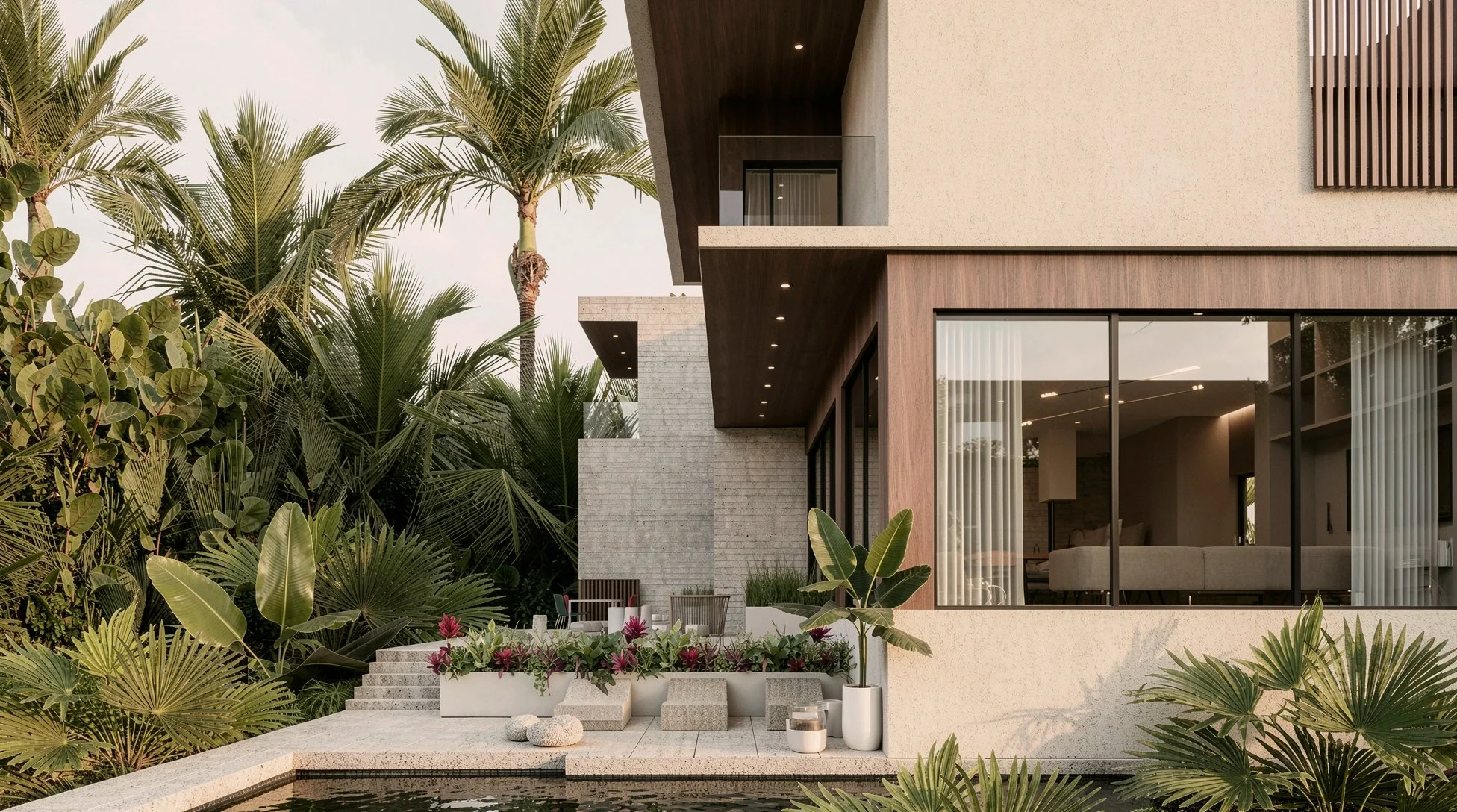 Detail of the concrete, walnut soffit and glazing at the pool terrace