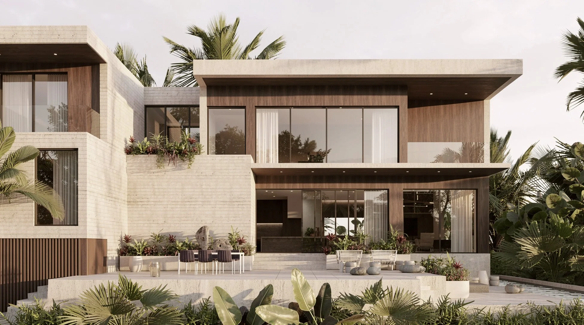 South elevation with the terrace and sliding glass walls