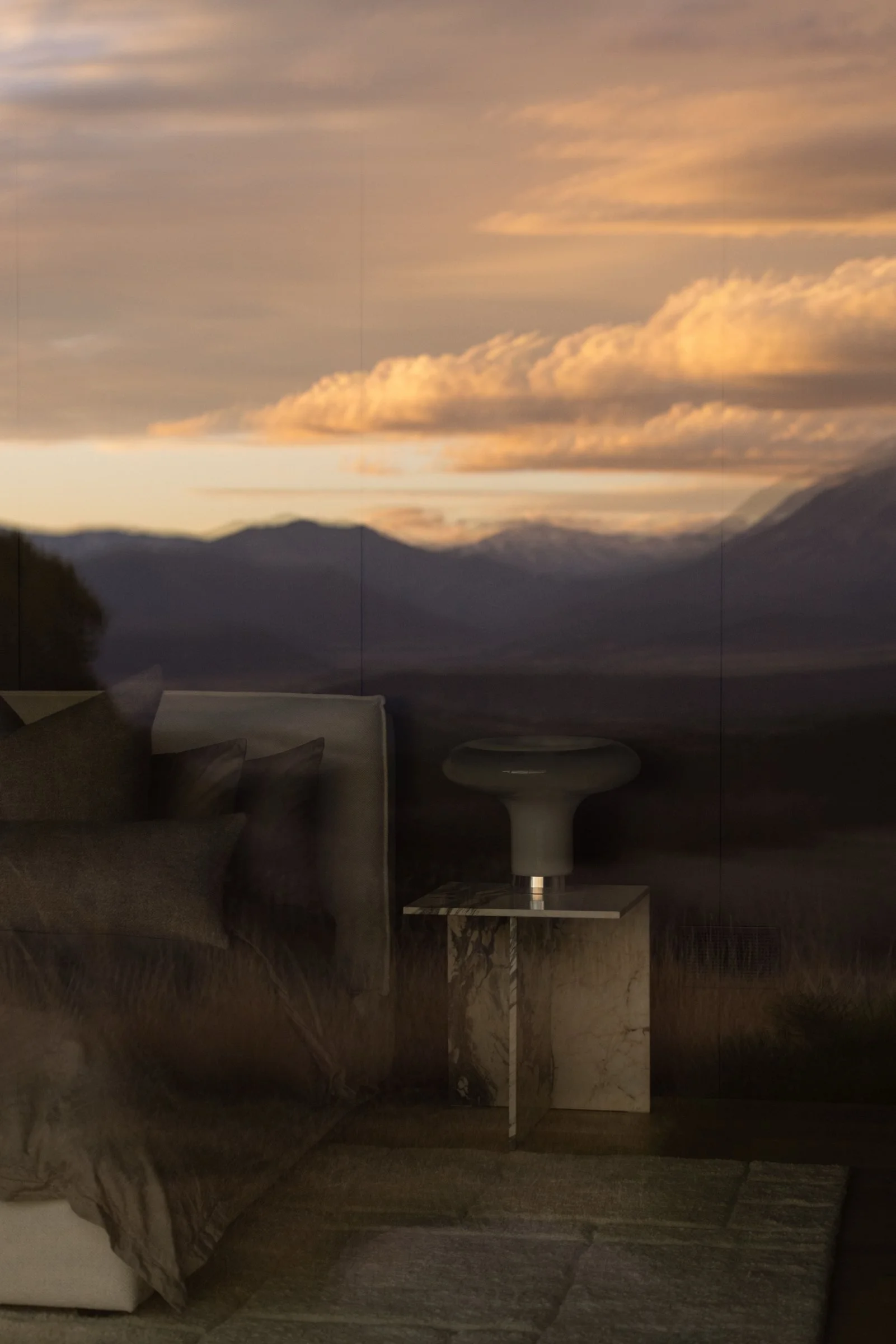 Bedroom at dusk, looking across the valley