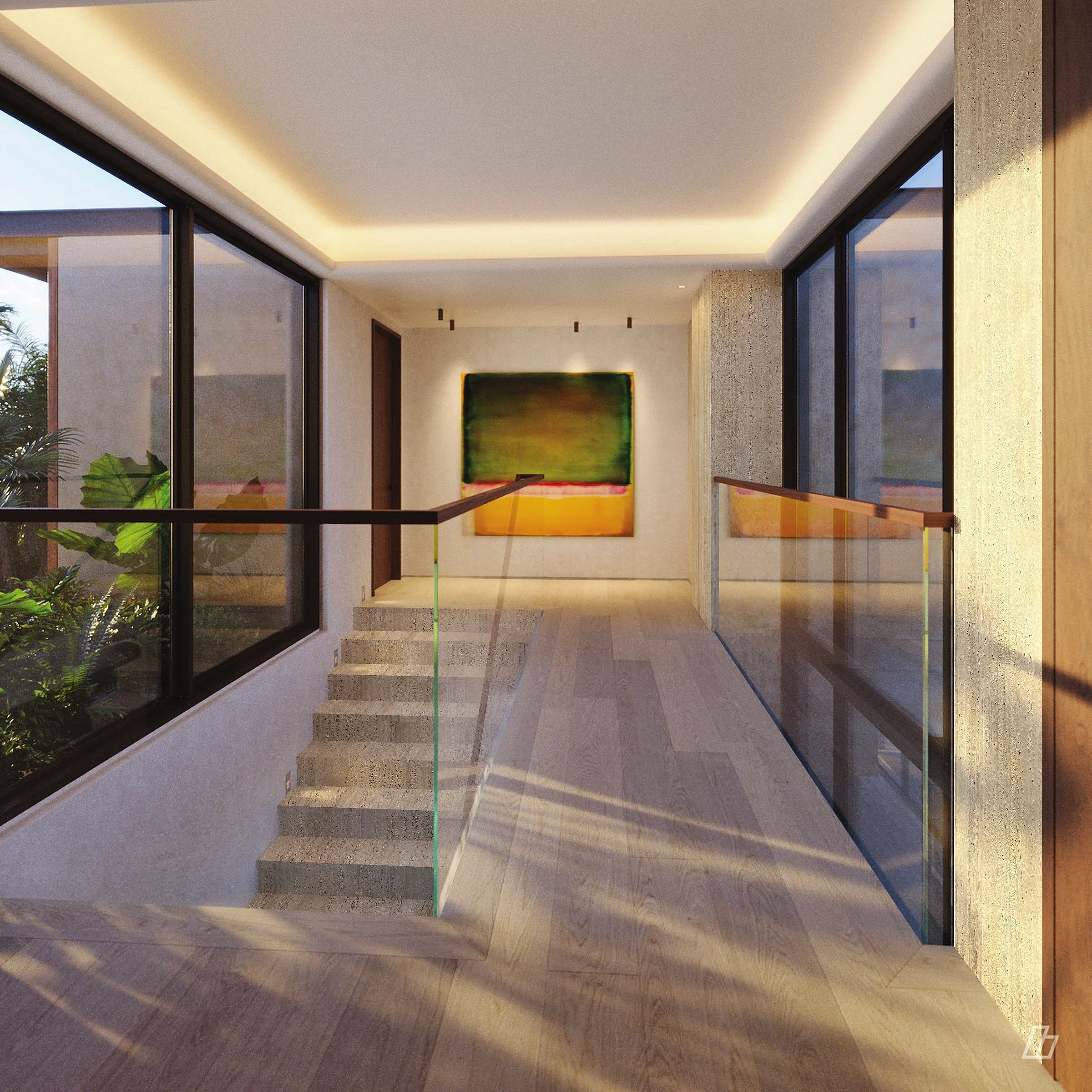 Upper hall above the stair, with white oak floors and glass guards
