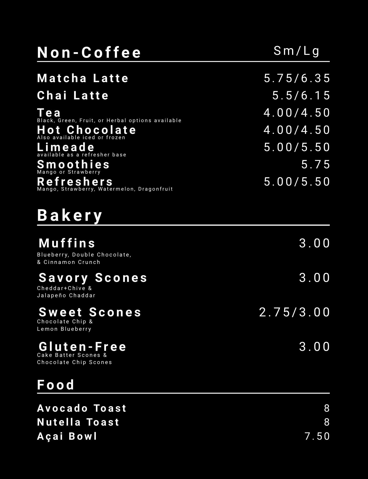 Menu board for food and beverage options, including non-coffee drinks, bakery items, and food, with prices.