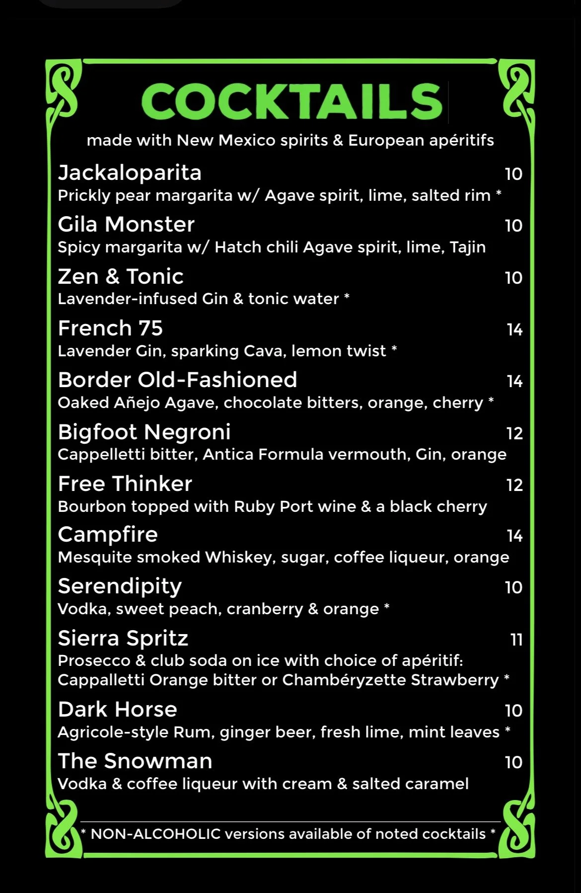 CocktailMenuBigfootRestaurantNM