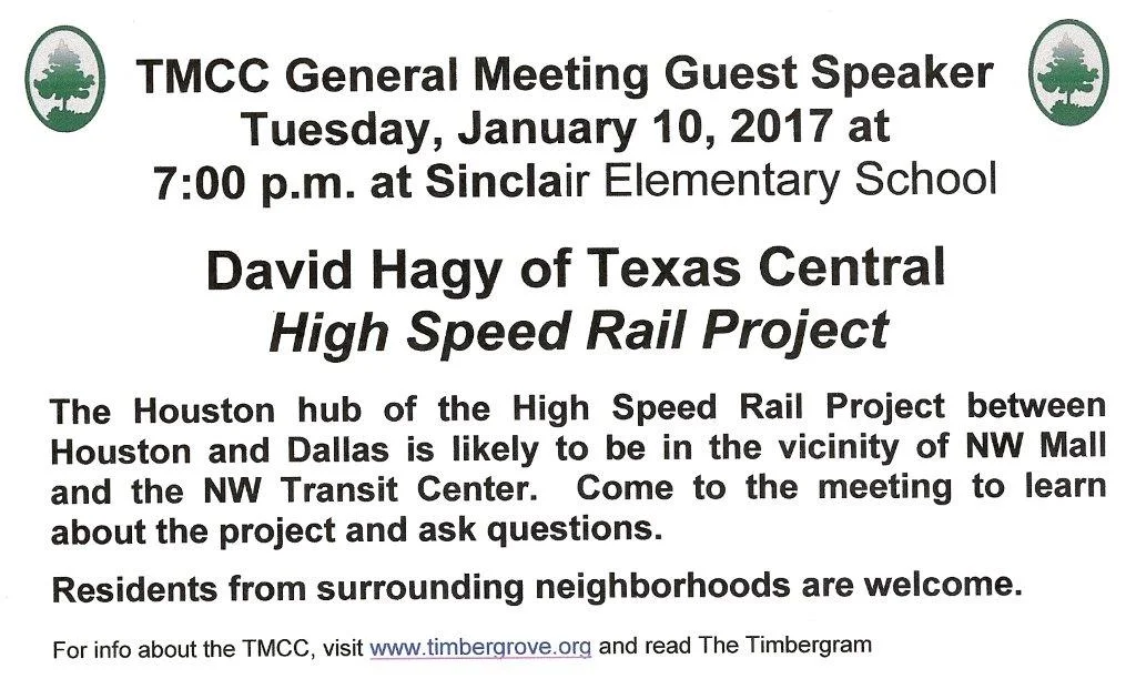 TMCC General Meeting - January 2017 - Featuring Texas High Speed Rail