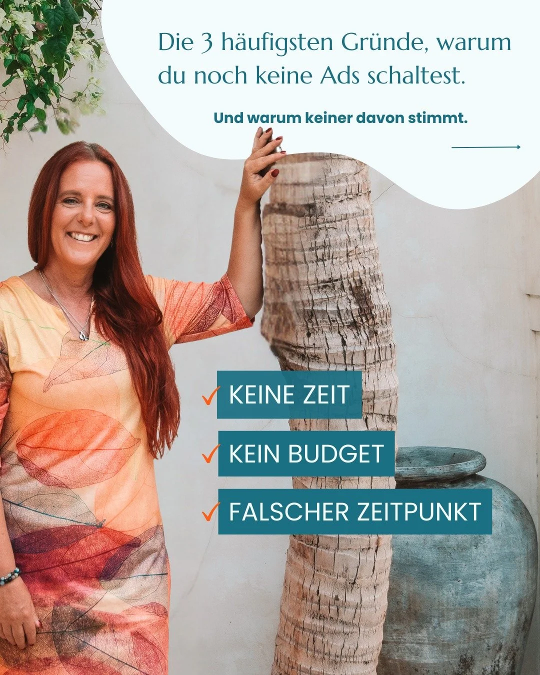 Die 3 h&auml;ufigsten Gr&uuml;nde, warum du noch keine Ads schaltest. Und warum keiner davon stimmt.

&quot;Ich habe keine Zeit.&quot; 
Du verbringst bereits Stunden pro Woche mit Content, der 2 bis 5 Prozent deiner Follower erreicht. 
Eine Ad erstel
