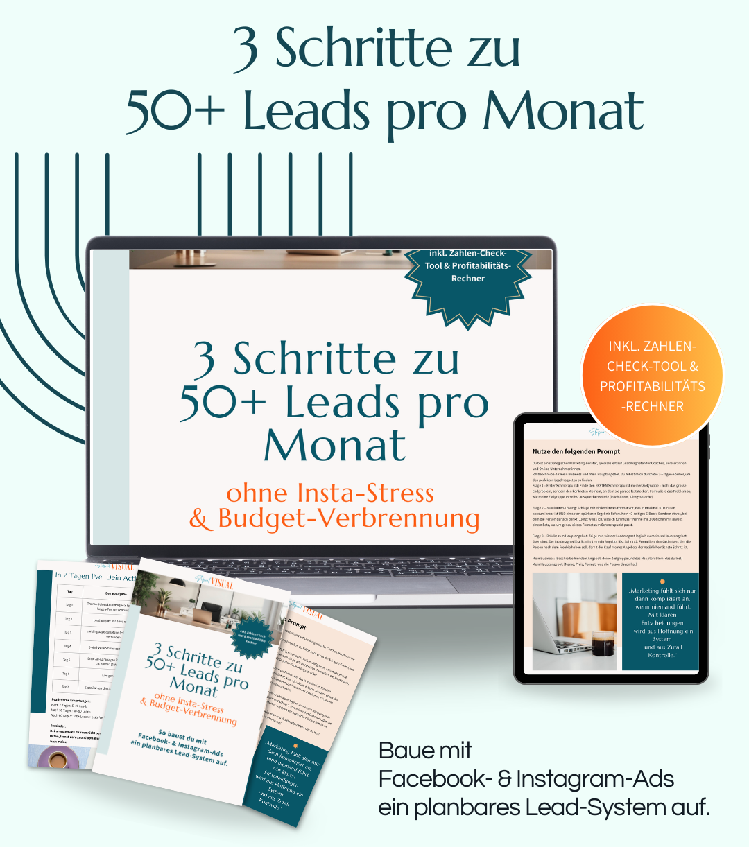 Leads generieren mit Facebook- und Instagram-Werbung, 3 Schritte, Profitabilitäts-Rechner. Kostenloser PDF Guide.
