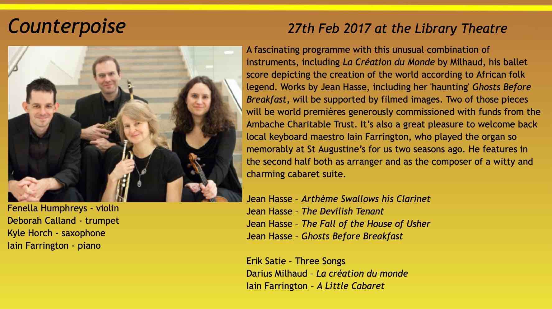 The quartet Counterpoise accompanied four of Jean’s silent film scores in Luton, UK, Feb 2017: The Devilish Tenant - Artheme Swallows his Clarinet - The Fall of the House of Usher - Ghosts Before Breakfast