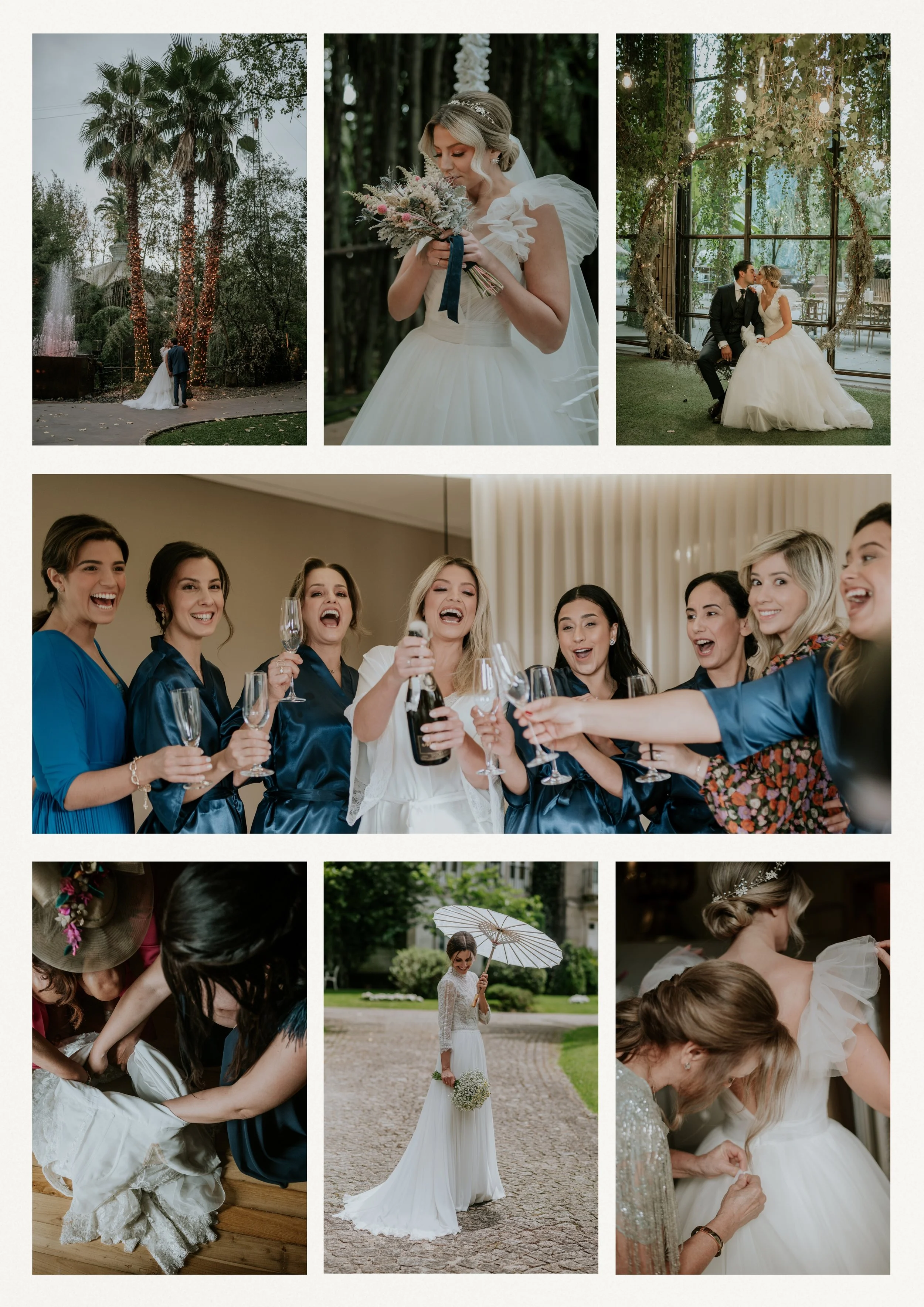 Colección de fotos de una boda: pareja en un parque con palmeras, novia con ramo, pareja en un jardín, grupo de amigas brindando, novia con sombrilla en un jardín, detalles de la novia arreglándose.