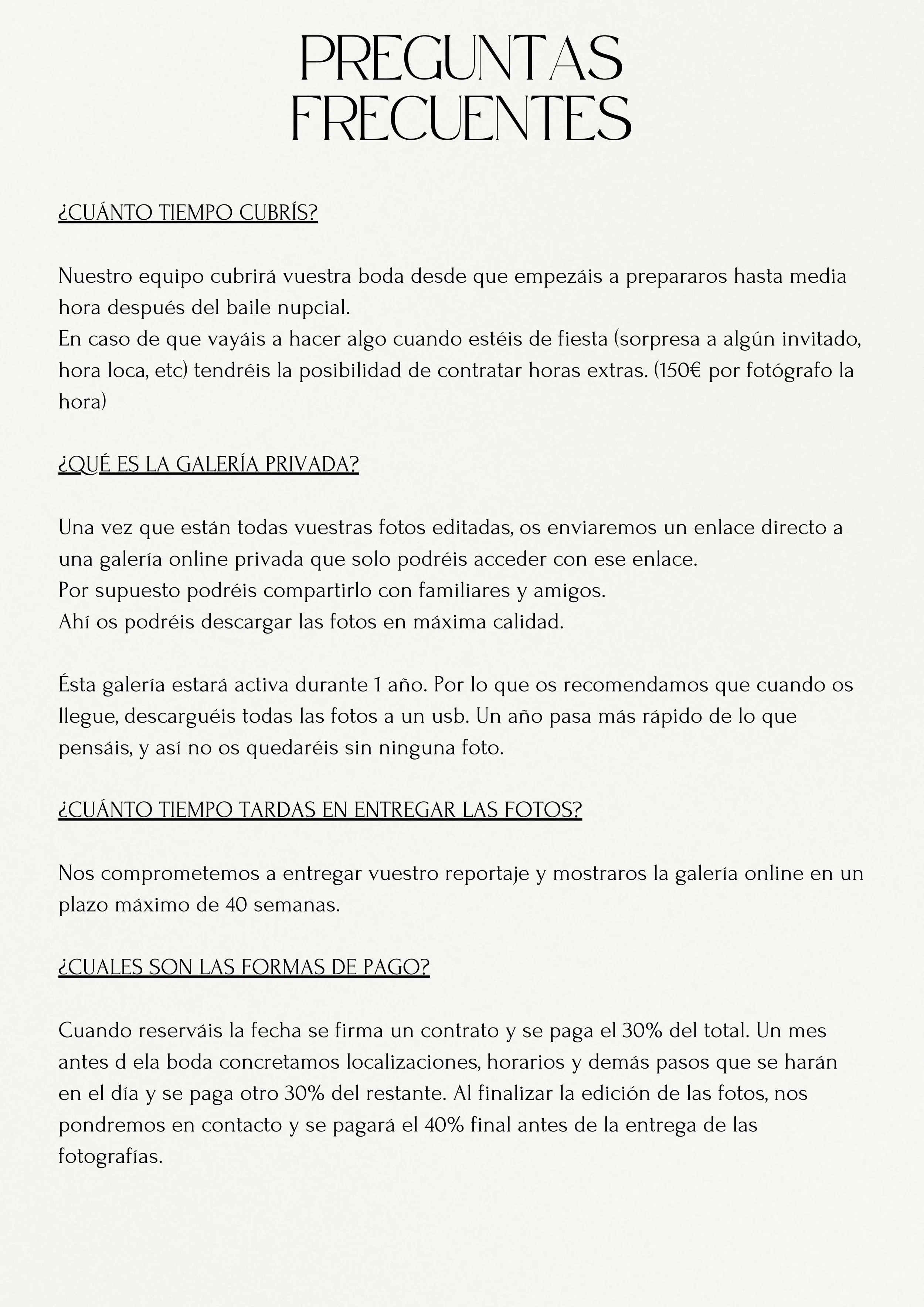 Preguntas frecuentes sobre la reserva de servicios fotográficos, cubre temas como tiempos de entrega, galería privada y métodos de pago.