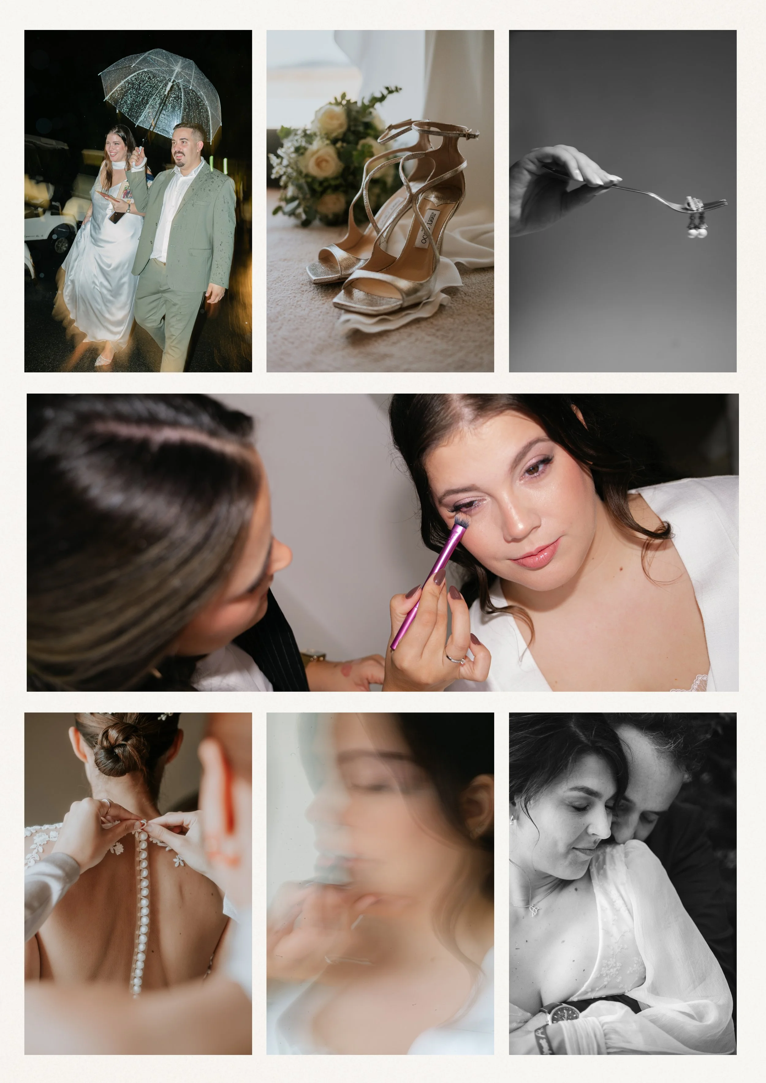 Preparativos de boda: vestido de novia, zapatos, anillo, maquillaje, peinado y pareja en momentos emotivos.