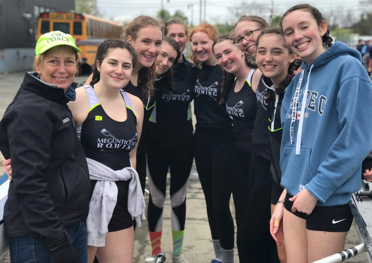 Megunticook Rowing girls second varsity eight. From left, coach Amy Wilton, Lyra Kalajian, Sarah Van Lonkhuyken, Alison McDonald, Leah Bloomquist, Oona Stewart, Iselin Bratz, Alley Johnson and Eleanor Greer. PHOTO Nikki Castellano