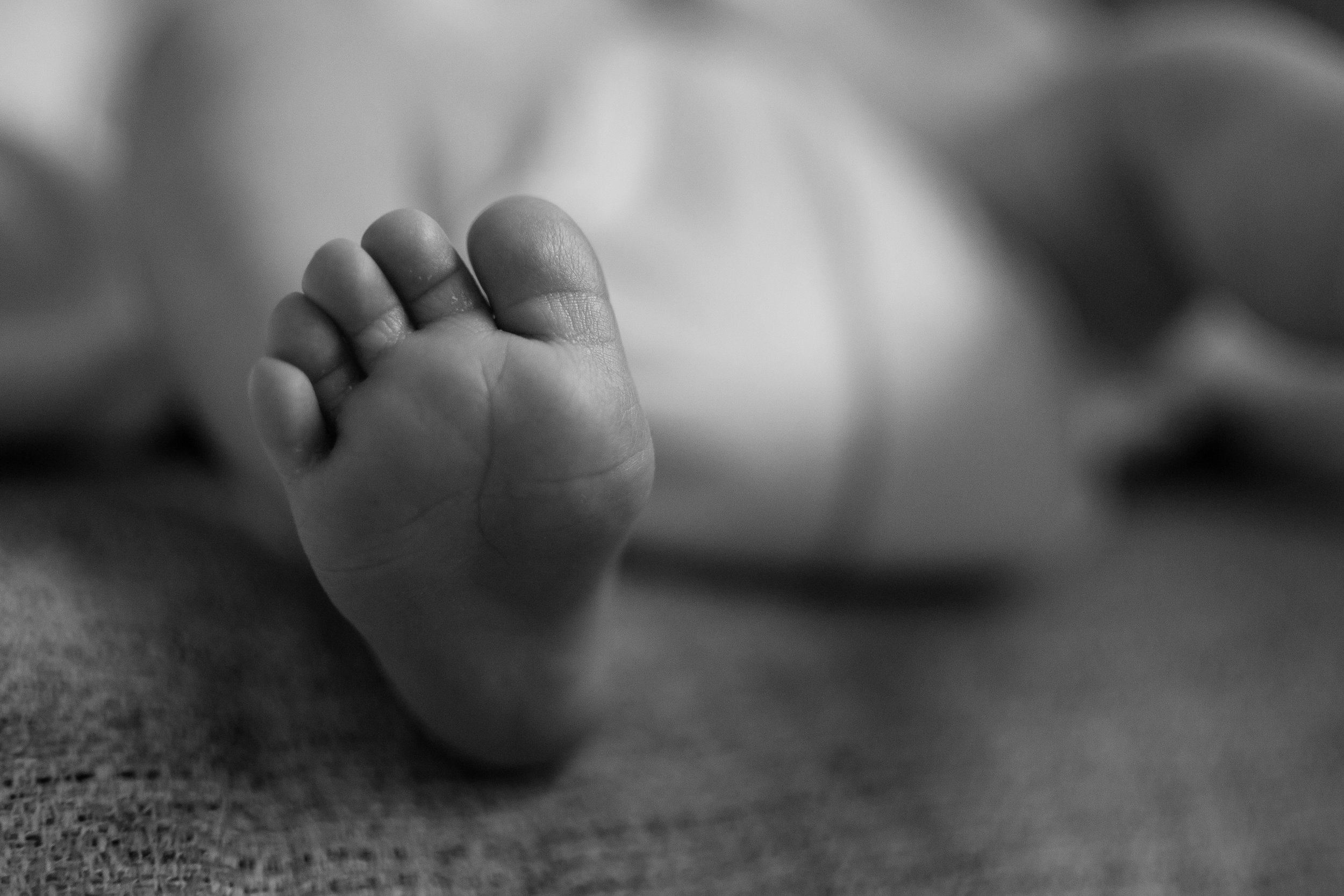  Close up of newborn baby foot in Black and White 