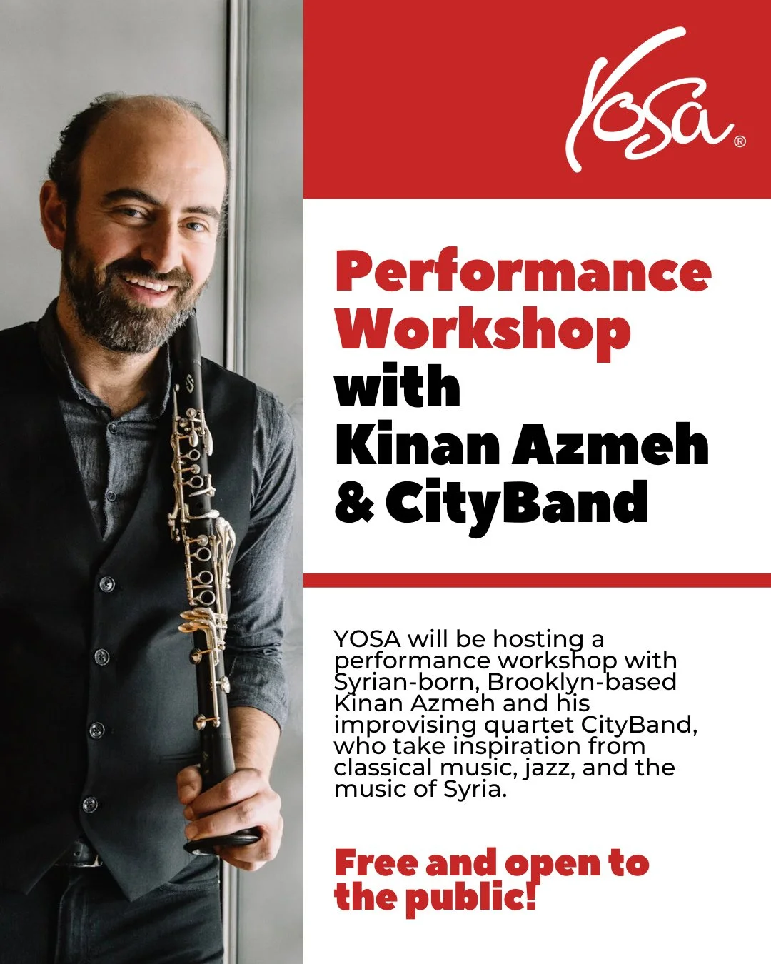 Join us for a special YOSA Performance Workshop with Kinan Azmeh and his dynamic ensemble, CityBand &mdash; a group that blends classical, jazz, and Syrian musical traditions into something truly extraordinary.⁠
⁠
🗓 Saturday, October 11, 2025⁠
🕙 10