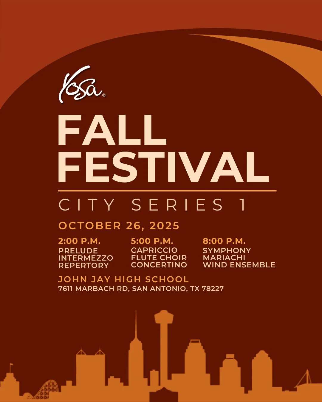 🍂 You&rsquo;re Invited! 🎶⁠
⁠
Celebrate the vibrant sounds of autumn at YOSA&rsquo;s City Series 1: Fall Festival &mdash; a full day of inspiring music performed by San Antonio&rsquo;s talented young musicians.⁠
⁠
Sunday, October 26, 2025⁠
John Jay 