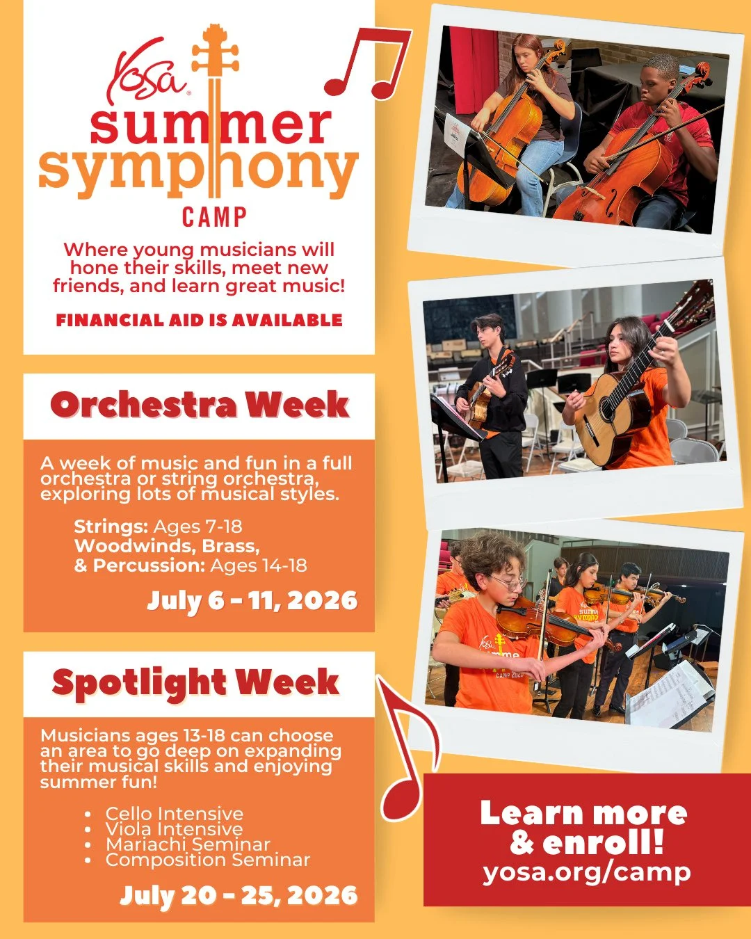 🎉 YOSA Summer Symphony 2026 is now LIVE! 🎉⁠
Join us for two incredible weeks of music-making, growth, and summer fun.⁠
⁠
🎻 Orchestra Week⁠
July 6&ndash;11, 2026⁠
Make music in full orchestra or leveled string orchestra, sharpen your skills, and en