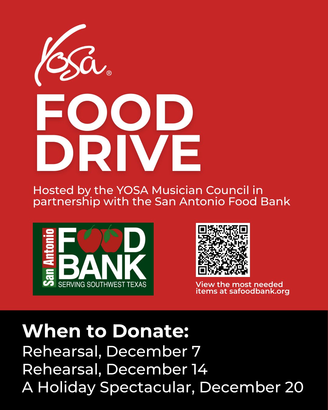 🎶❤️ Join us in giving back this season!⁠
⁠
 The YOSA Musician Council is proud to partner with the San Antonio Food Bank for our annual YOSA Food Drive.⁠
⁠
You can donate:⁠
 📅 During rehearsal on Sunday December 7, 2025⁠
 📅 During rehearsal on Sun