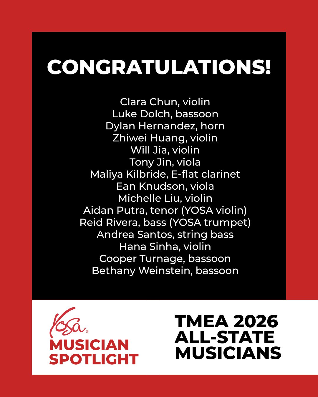 We are beyond proud of our YOSA musicians who earned a place in TMEA All-State ensembles, one of the highest honors for student musicians in Texas. After a rigorous audition process, these talented students now stand among the very best in the state!
