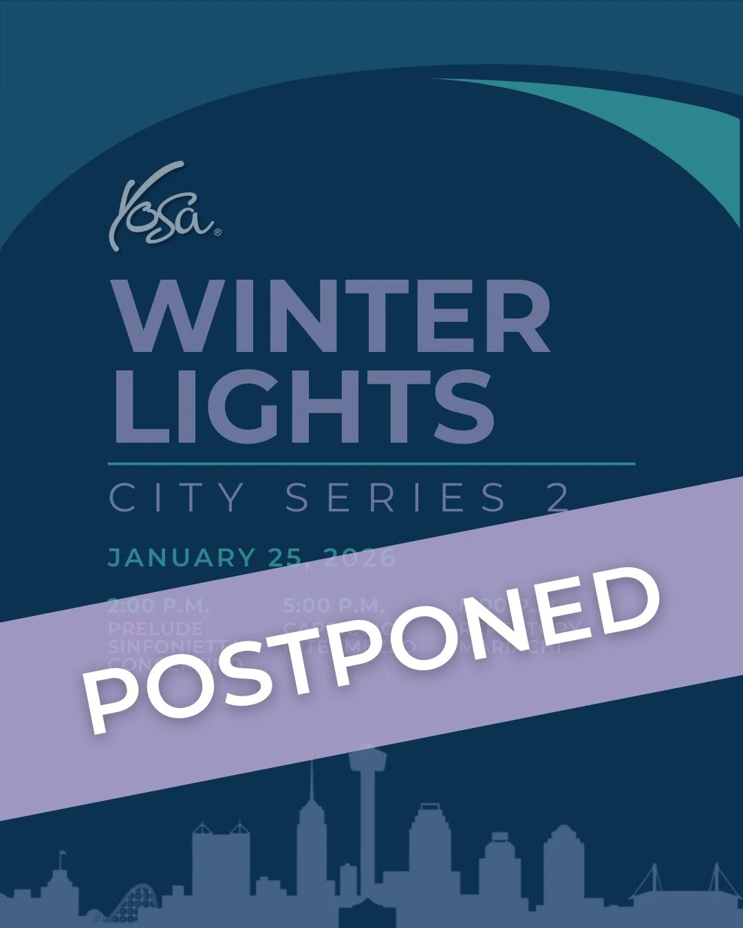 Due to the winter weather forecast, YOSA has made the difficult decision to postpone our City Series 2: Winter Lights concert at the University of Incarnate Word on Sunday, January 25, 2026.⁠
⁠
The safety of our musicians and families is always our t