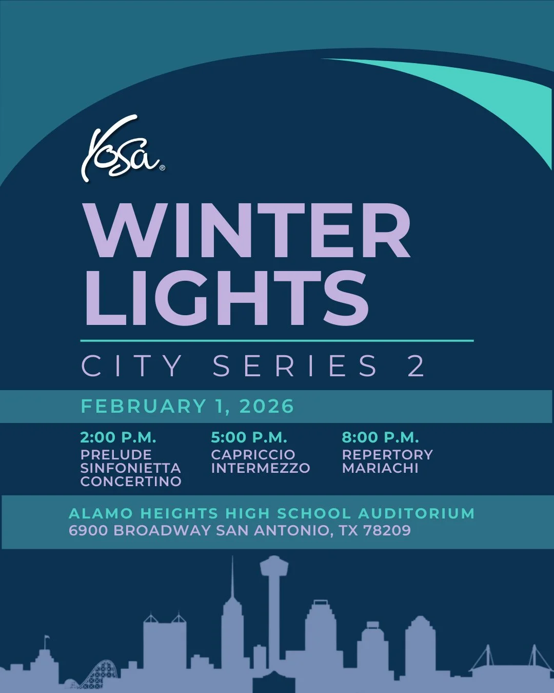 🚨 City Series 2 Update 🚨⁠
⁠
Thank you, YOSA families, for your flexibility and understanding. ⁠
⁠
City Series 2: Winter Lights has been rescheduled to Sunday, February 1, 2026, and the concert will now take place at Alamo Heights High School Audito