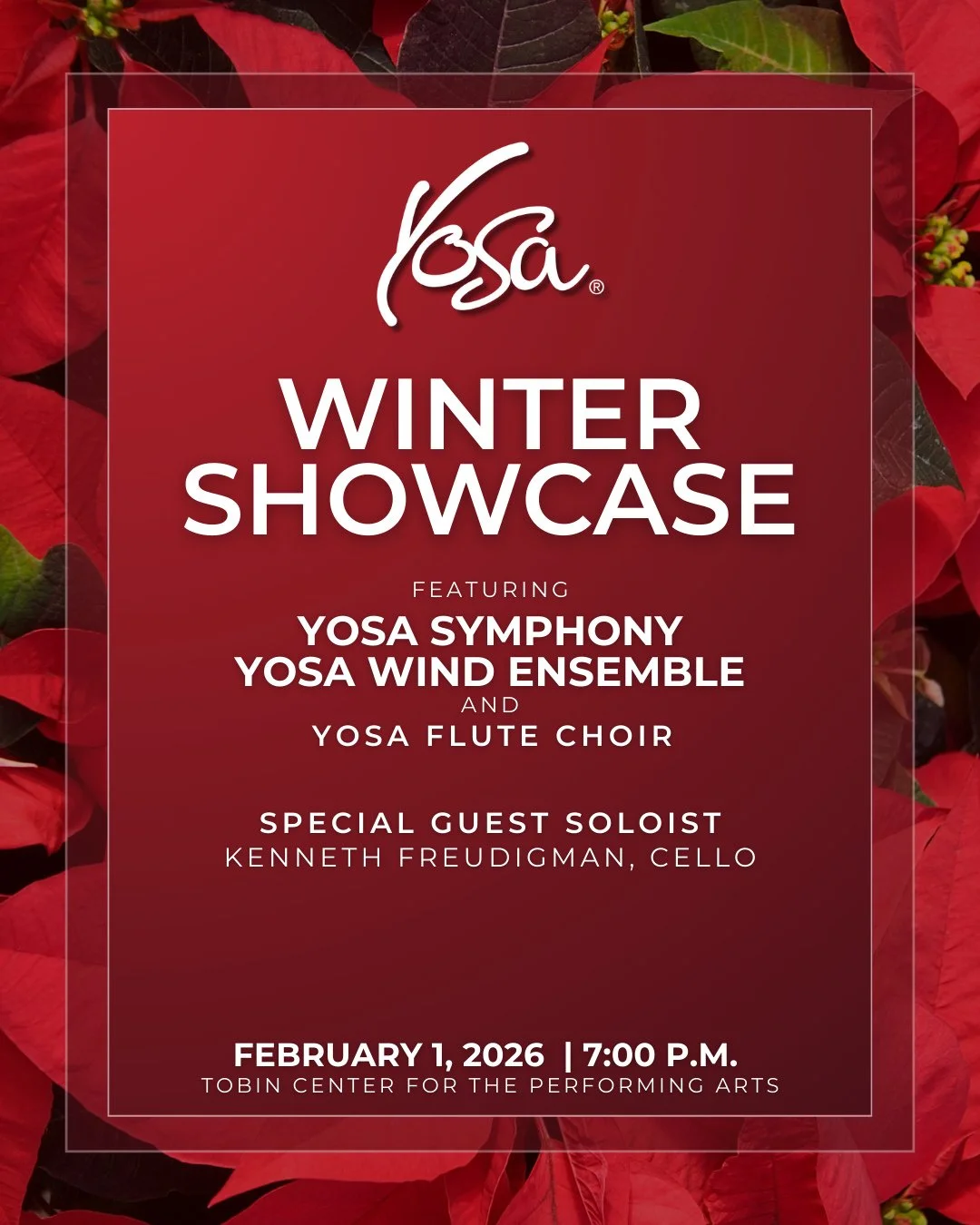Join us on Sunday, February 1, 2026 for a vibrant and captivating afternoon of music featuring the YOSA Symphony, YOSA Wind Ensemble, and YOSA Flute Choir.⁠
⁠
This concert will also feature Kenneth Freudigman, former principal cellist of the San Anto