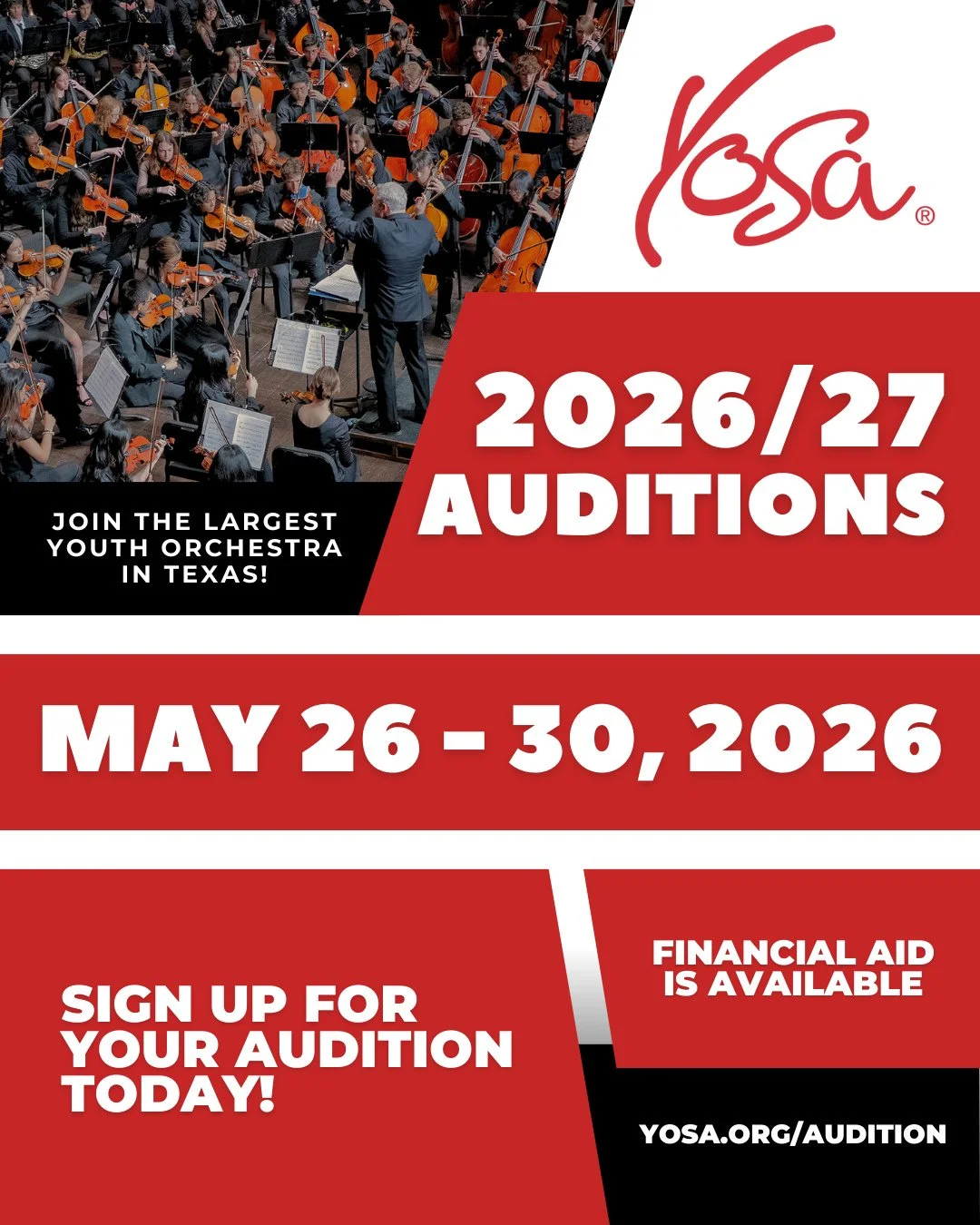 YOSA auditions for the 2026/27 season are officially OPEN! We can&rsquo;t wait to welcome new and returning musicians as we celebrate YOSA&rsquo;s 50th season.⁠
⁠
An exciting year of music, concerts, collaborations, celebrations, and Summer Symphony 