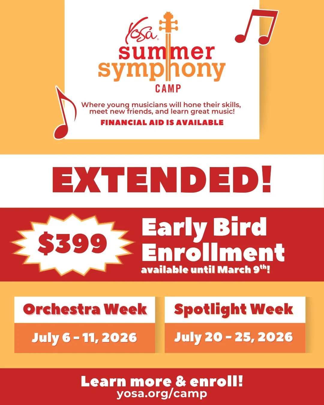 ⏰ EXTENDED &mdash; but not for long!⁠
⁠
You&rsquo;ve got 5 more days to register for YOSA Summer Symphony Camp (Orchestra Week or Spotlight Week) for the early bird price of $399 &mdash; now through March 9, 2026! 🎶⁠
⁠
Don&rsquo;t miss a week of mus