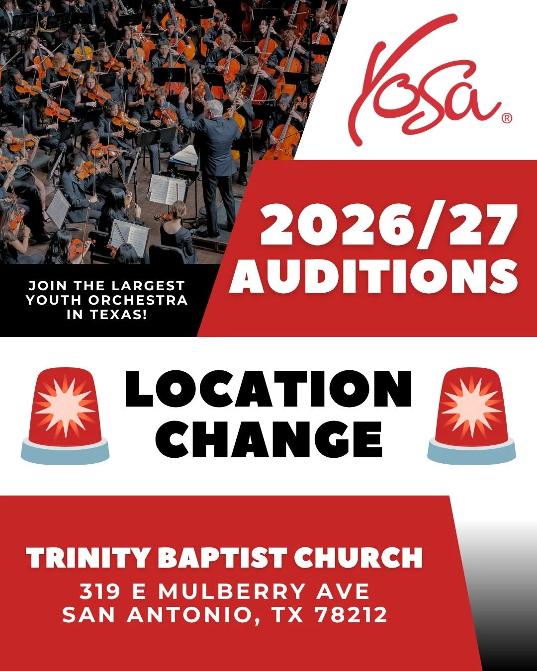 ⚠️ AUDITION LOCATION UPDATE ⚠️

Due to an unexpected air conditioning issue at our original audition site, the YOSA 2026/27 season auditions have been relocated to Trinity Baptist Church.

📍 New Location:
Trinity Baptist Church
319 E Mulberry Ave
Sa