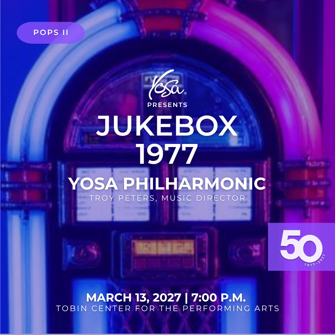 Event poster advertising YOSA presents A Holiday Spectacular featuring Yosa Philharmonic on December 20, 2025 at 7:00 p.m. at the Tobin Center for the Performing Arts.